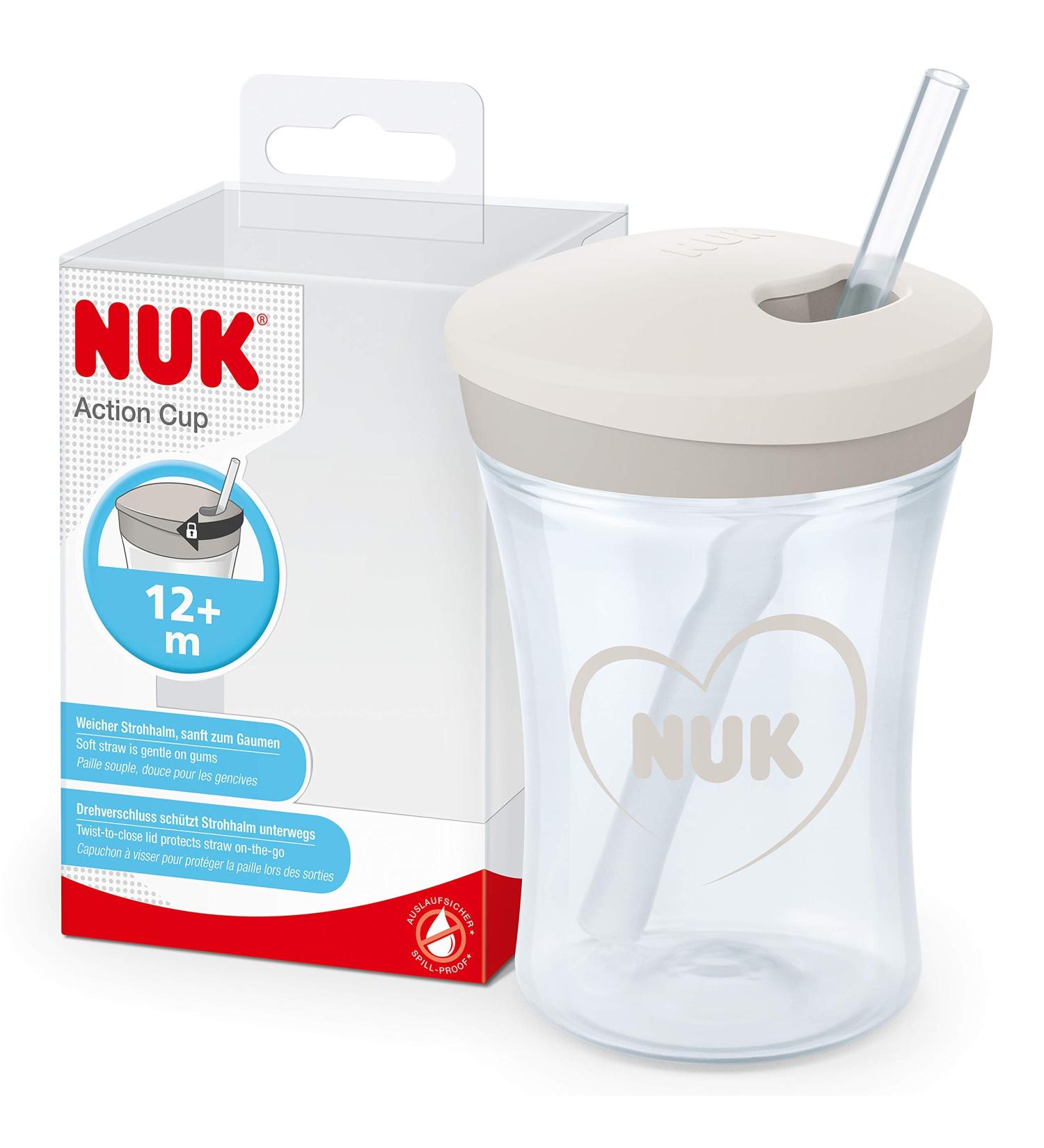 NUK Action Cup Toddler Cup | Twist Close Soft Drinking Straw | Leak-Proof | BPA-Free | 230ml | Hearts (Neutral) | 2 Piece Set - Buy Online on GoSupps.com