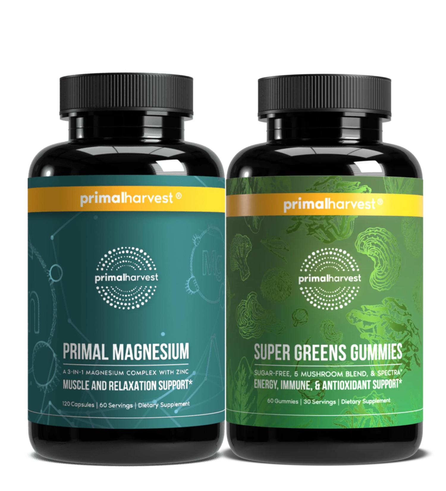 Primal Harvest Supergreens Gummies + Magnesium Complex | 2-Pack Bundle | 16 Superfoods + Chelated Magnesium Blend | Gummies & Capsules | Food Supplement | 30 Servings Each - Buy Online on GoSupps.com