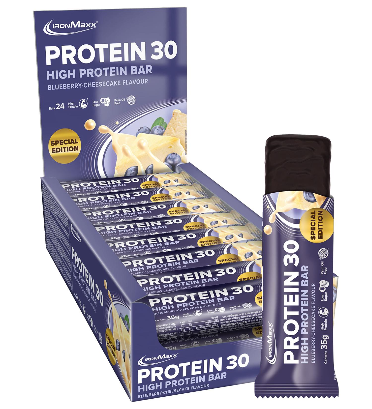Ironmaxx Protein 30 Bar - Blueberry Cheesecake 24x35g | Gluten-Free Palm Oil-Free Low-Carb & Sugar-Reduced Protein Snack | Shop Internationally - Buy Online on GoSupps.com