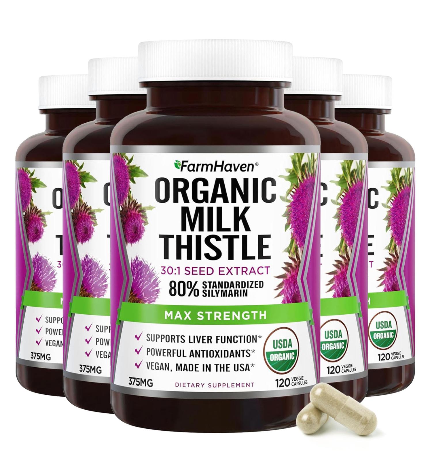 FarmHaven Silymarin Milk Thistle Capsules | 375mg Strength | 30X Concentrated Seed Extract & 80% Standardized Silymarin| Non-GMO | 120 Veggie Capsules Pack 5 - Buy Online on GoSupps.com