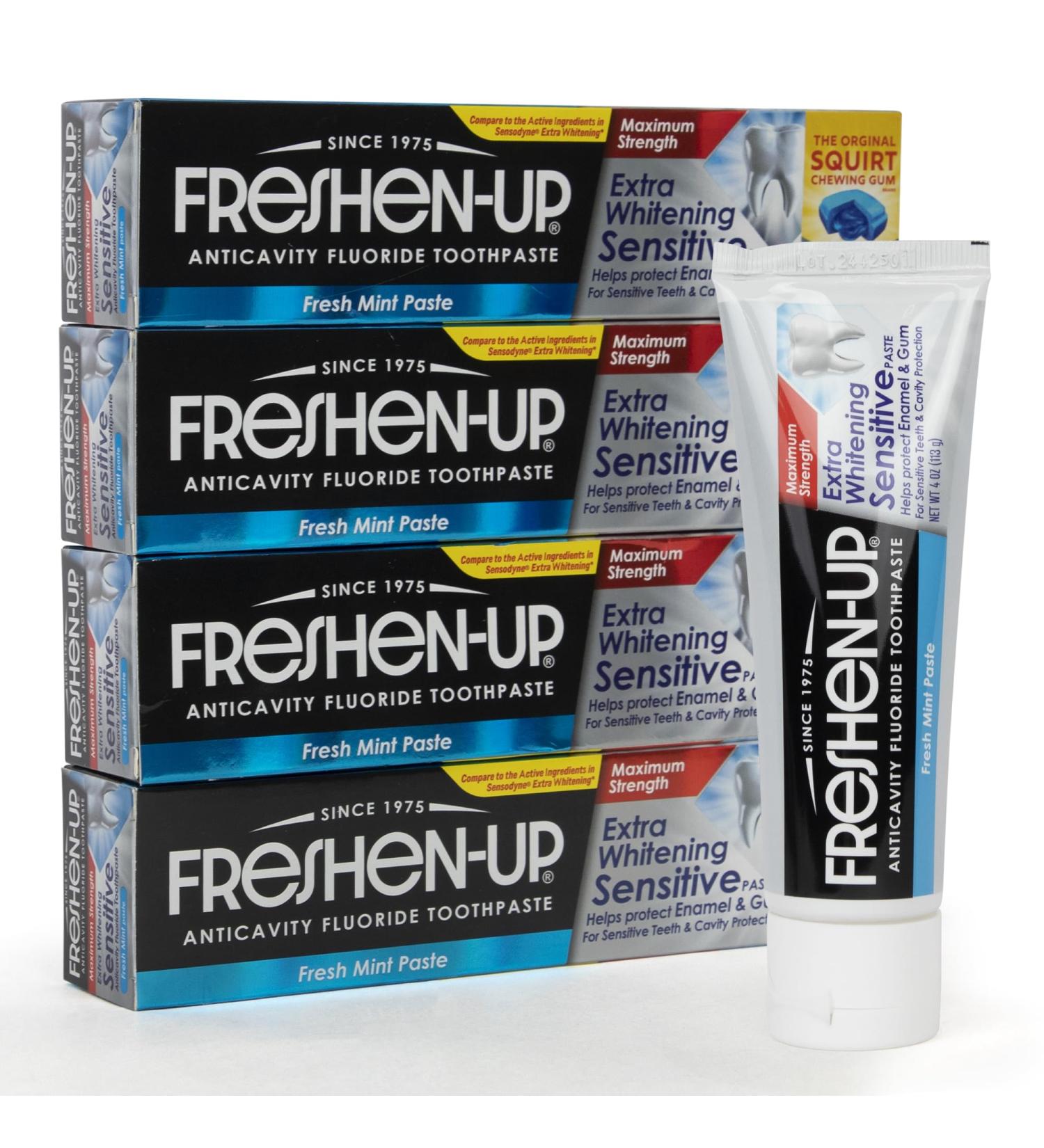 Freshen-Up Extra Whitening Sensitive Anticavity Fluoride Toothpaste Maximum Strength Fresh Mint Paste for Enamel Protection Sensitive Teeth & Surface Stain Removal 4 oz - Buy Online on GoSupps.com
