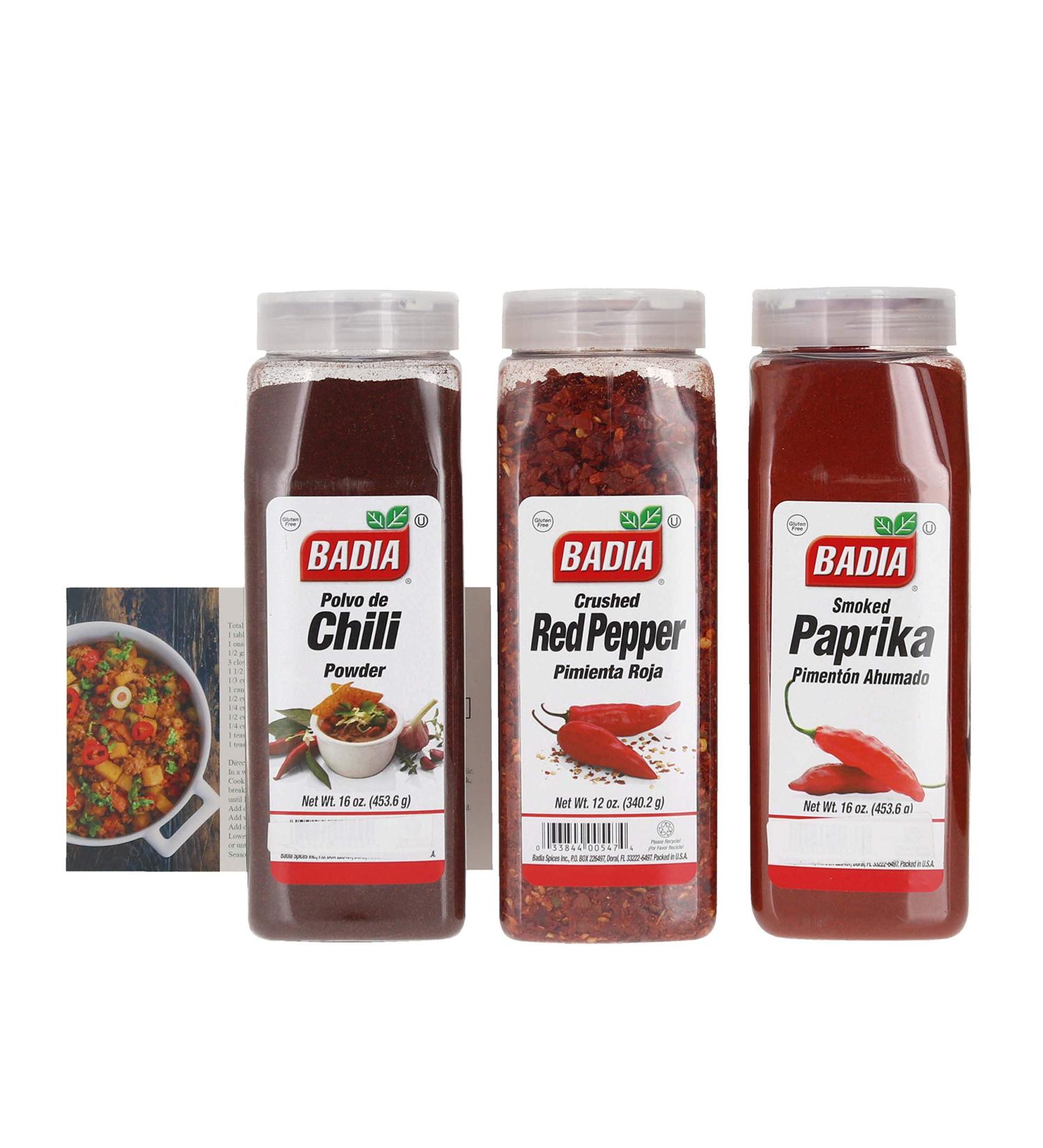 Badia Chili Powder, Smoked Paprika, and Red Crushed Pepper Bundle (Set of 3) | 16oz Chili Powder, 16oz Smoked Paprika, 12oz Crushed Red Pepper | Premium Penguin Recipe Card - Buy Online on GoSupps.com
