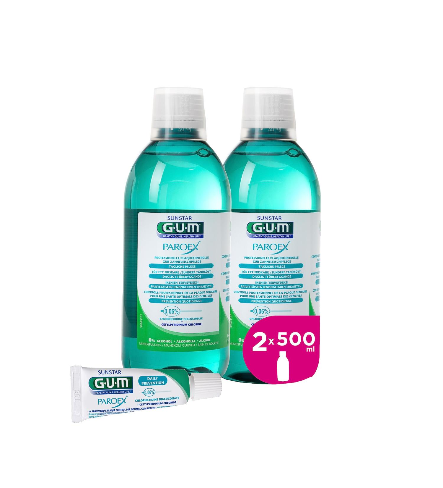 Gum Paroex 0.06% Care Mouthwash - Advanced Gum Care Alcohol-Free 2 x 500ml + 1 Free Test - Soothes Sensitive Gums & Two-Antiplaque System - Buy Online on GoSupps.com