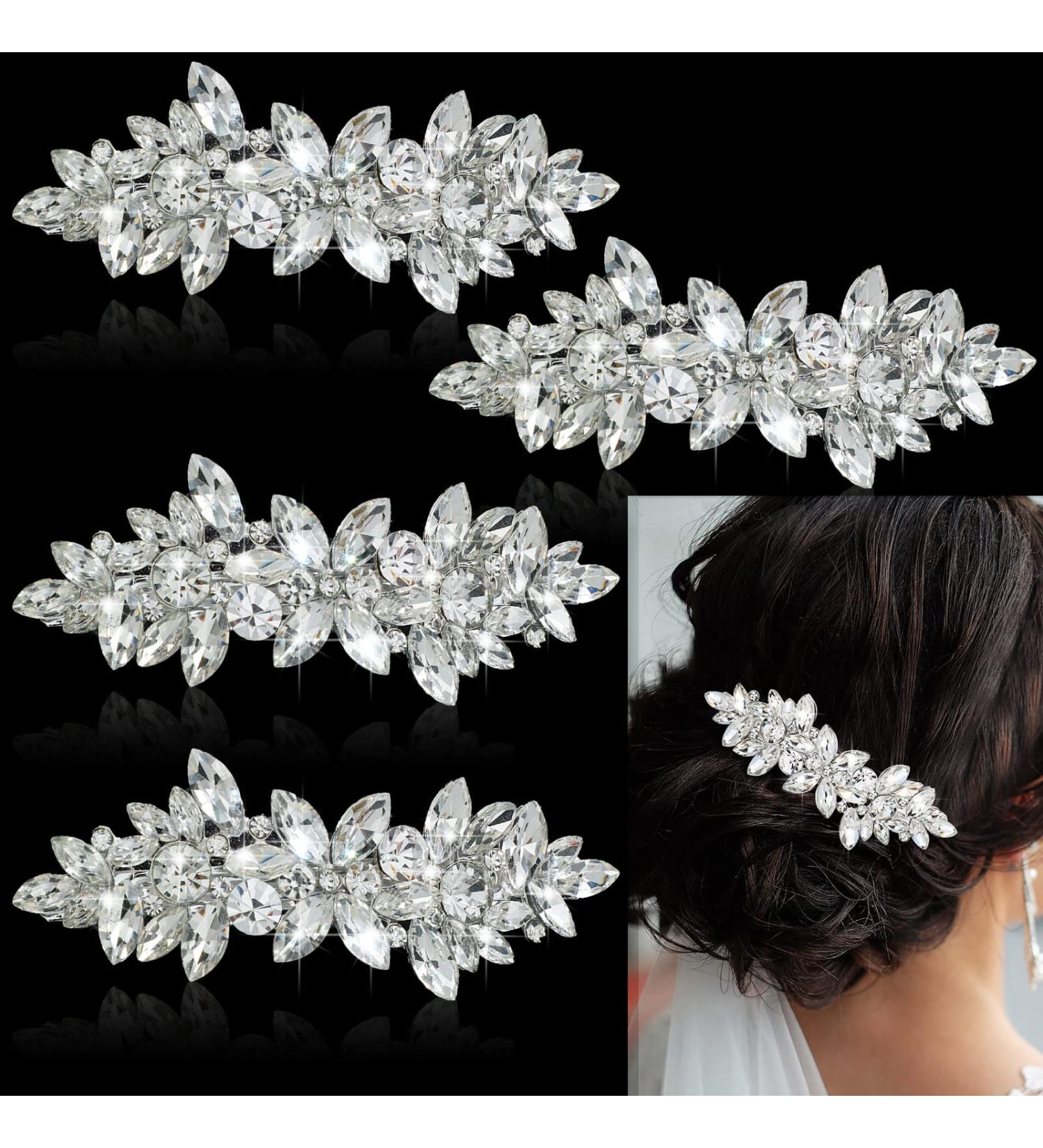 Wedding Hair Clips - 4 Pcs Rhinestone Crystal Leaf Barrettes for Bride Women Girls (Silver) - Buy Online on GoSupps.com