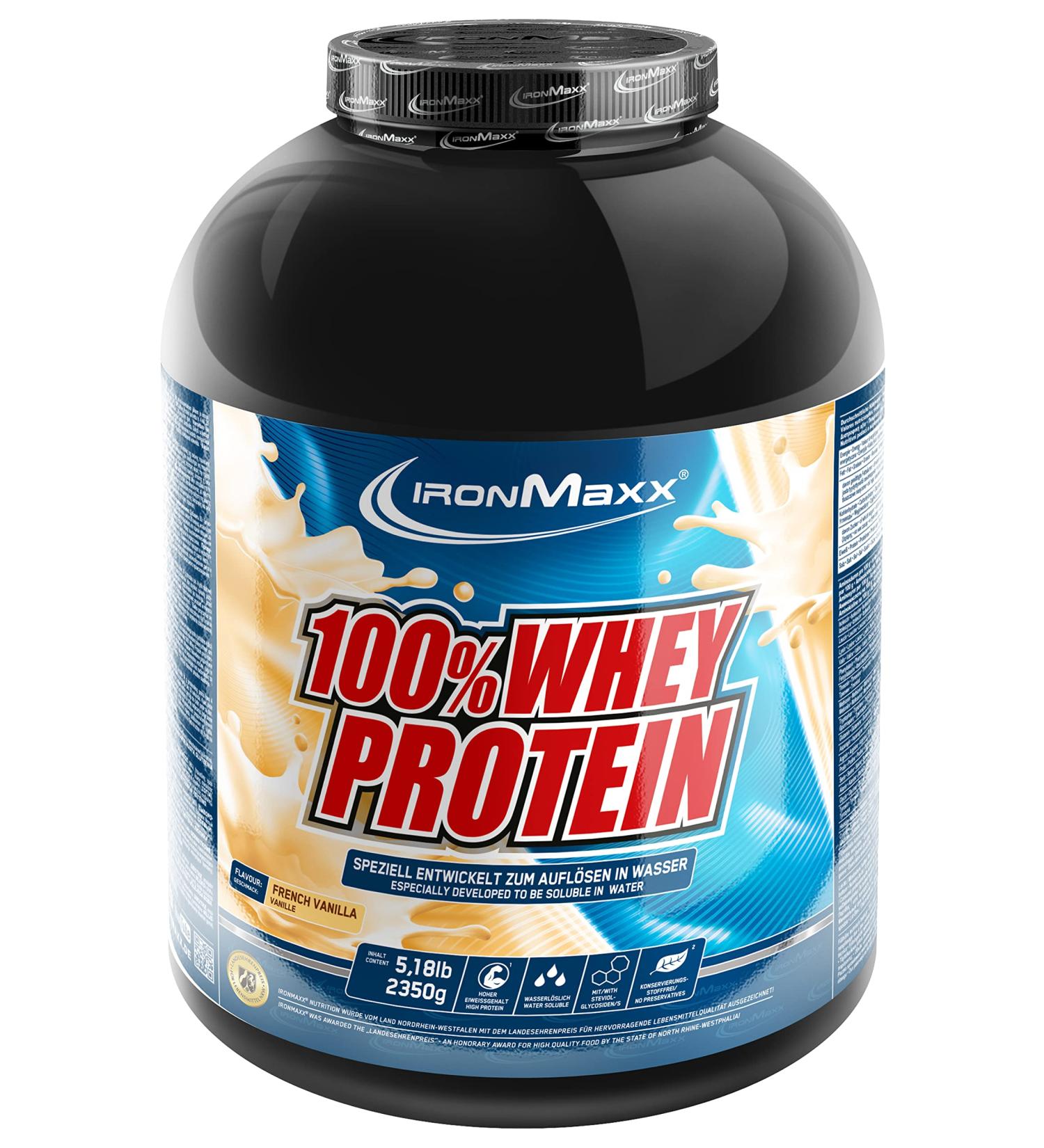 Ironmaxx 100% Whey Protein Powder - French Vanilla 2.35kg | Low Sugar Water-Soluble Multiple Flavors Available - Optimize Your Fitness - Buy Online on GoSupps.com