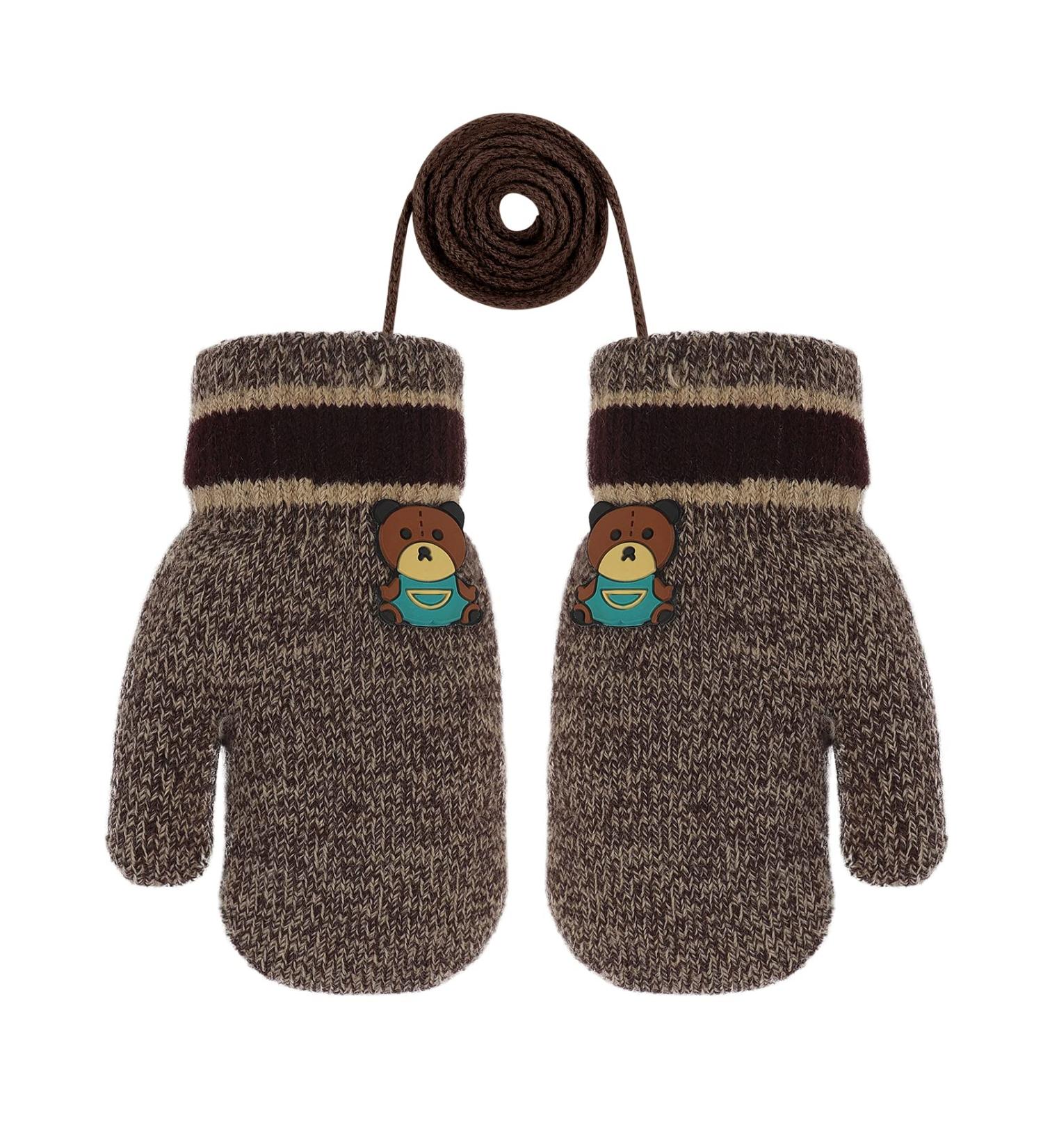 Cute Fox Knitting Full Finger Gloves for Toddlers 1-3 Yrs | Winter Thermal Plush Lining | Kids Cycling Camping Mitten in Bear/Khaki - Buy Online on GoSupps.com