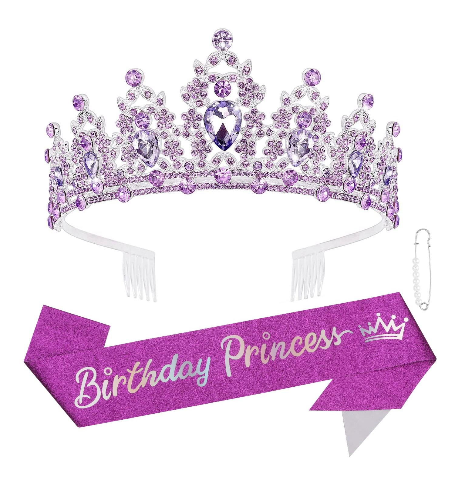 Chanaco Princess Crown Birthday Girl Sash Set | Purple Happy Birthday Decorations for Women - Ideal Princess Birthday Party Supplies & Gifts - Buy Online on GoSupps.com