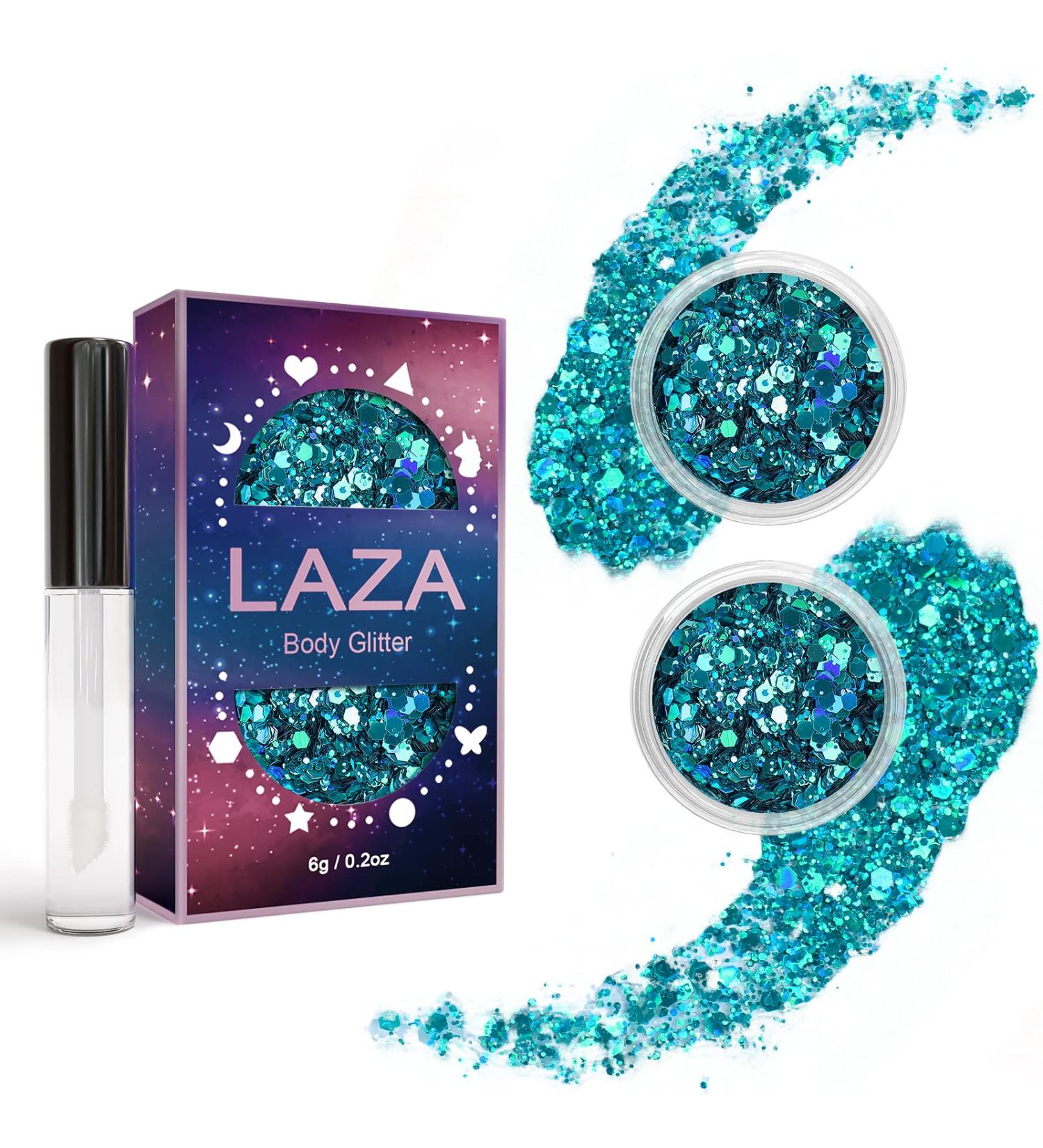 Shop Laza Body Glitter - Holographic Chunky Sequins & Glitter Glue | Perfect for Festival Makeup Rave Outfits & Carnival Parties - Cyan Blue - Buy Online on GoSupps.com