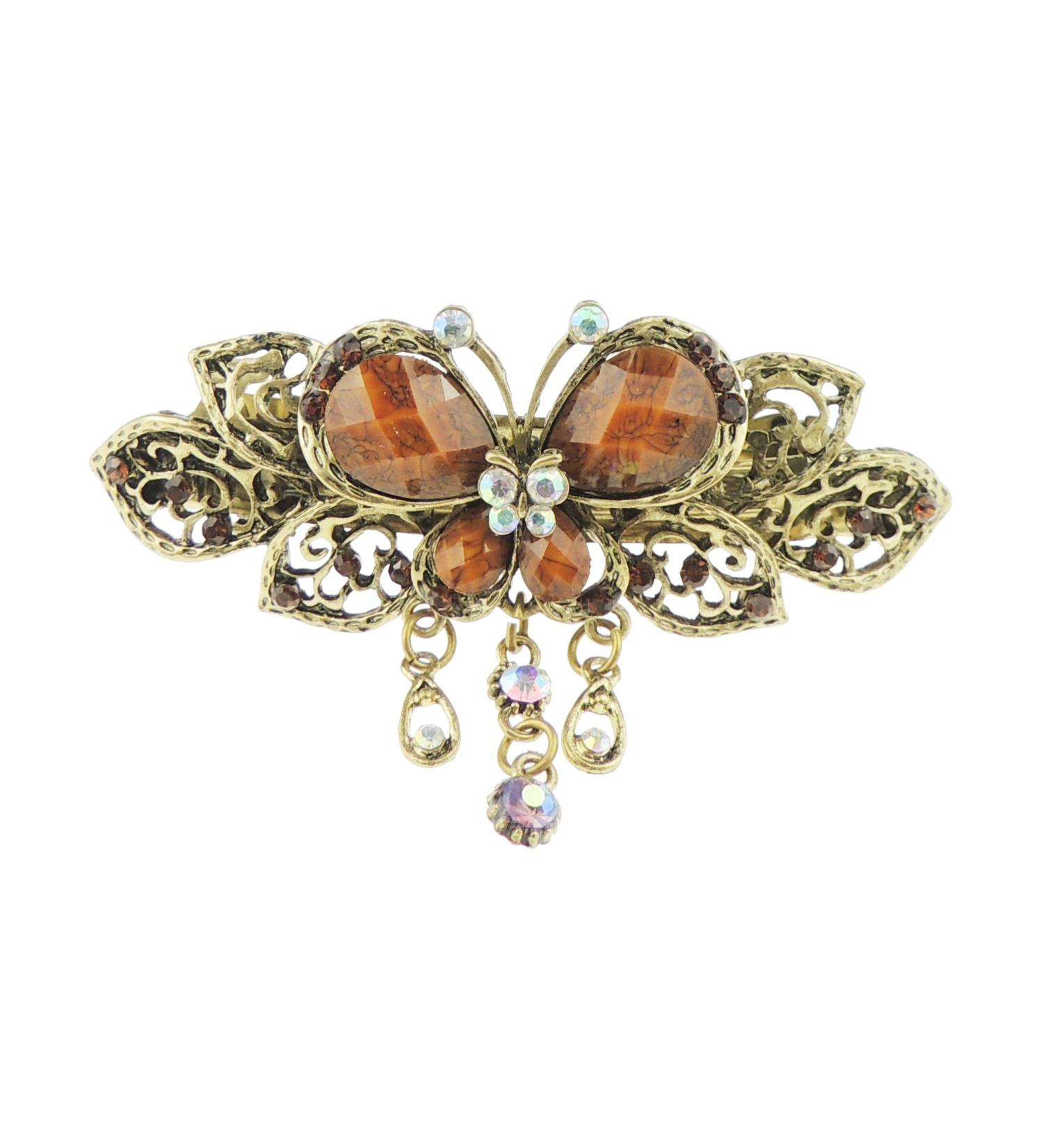 Womens Girls Crystal Rhinestone Diamante Wedding Birthday Party Evening Ponytail Fine Hair Accessories Occasion Barrette Hairpin Grip French Spring Clip Vintage Look Bronze Tone Butterfly Beige