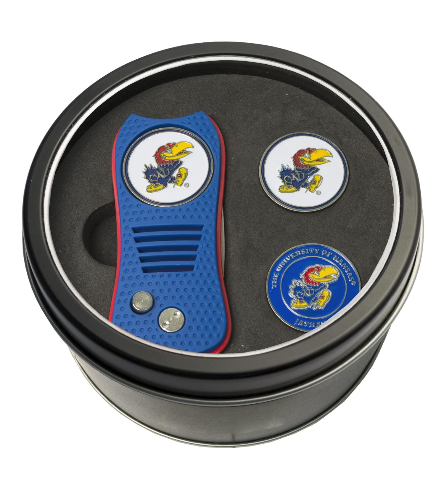 Team Golf NCAA Kansas Jayhawks Gift Set Switchblade Divot Tool with 3 Double-Sided Magnetic Ball Markers, Patented Single Prong Design, Causes Less Damage to Greens, Switchblade Mechanism