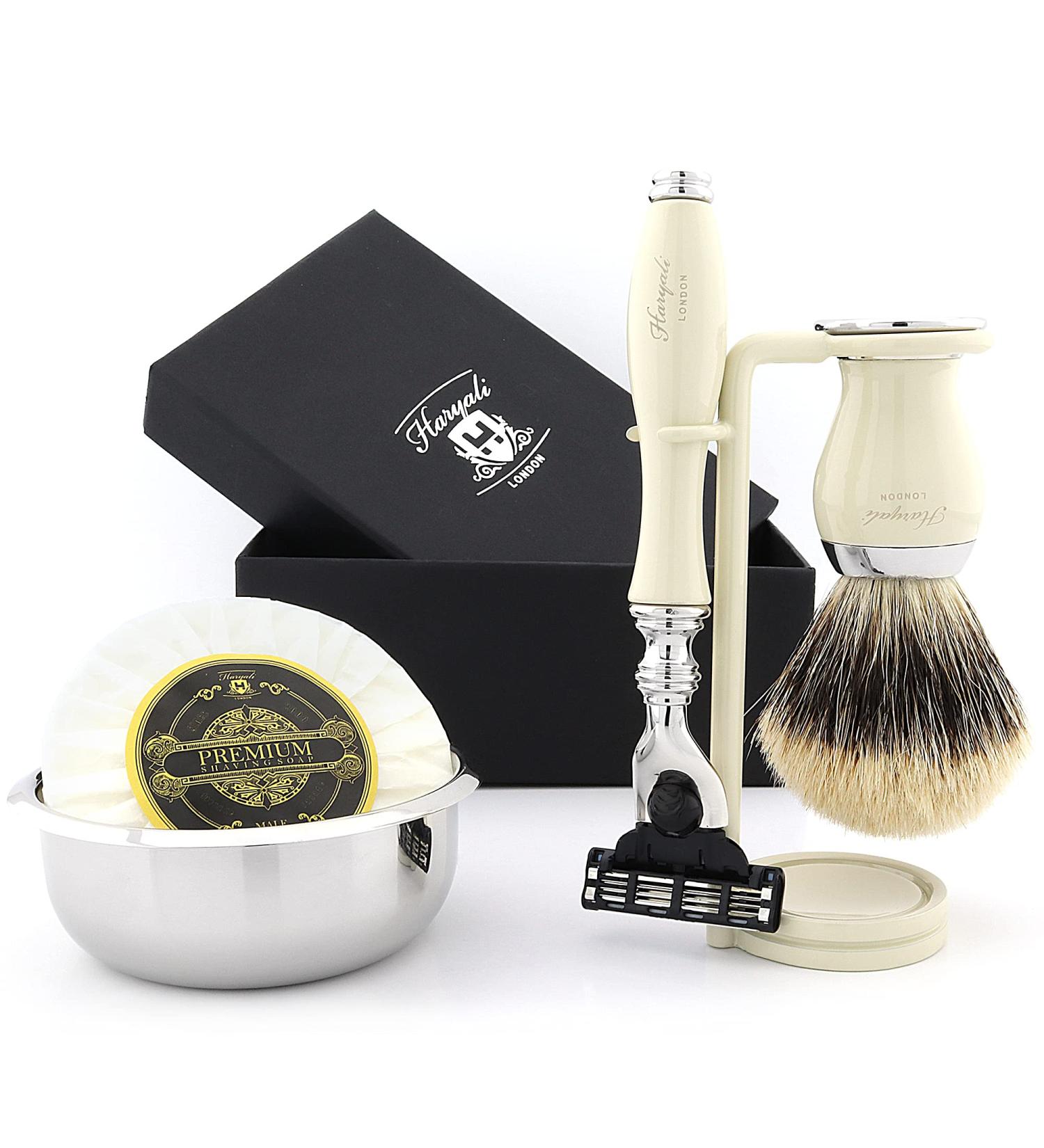 Luxury 5 Pc Men's Shaving Kit | 3 Edge Razor Silver Tip Badger Brush Stand Soap & Bowl - International Shipping Available - Buy Online on GoSupps.com