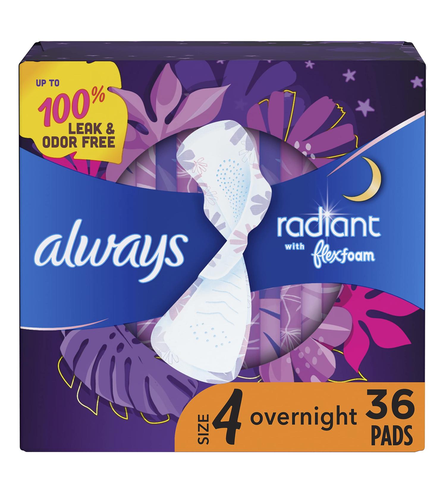 Always Radiant Overnight Feminine Pads for Women Size 4 for Nighttime with Wings Scented 36 CT Size 4 36 Count - Buy Online on GoSupps.com