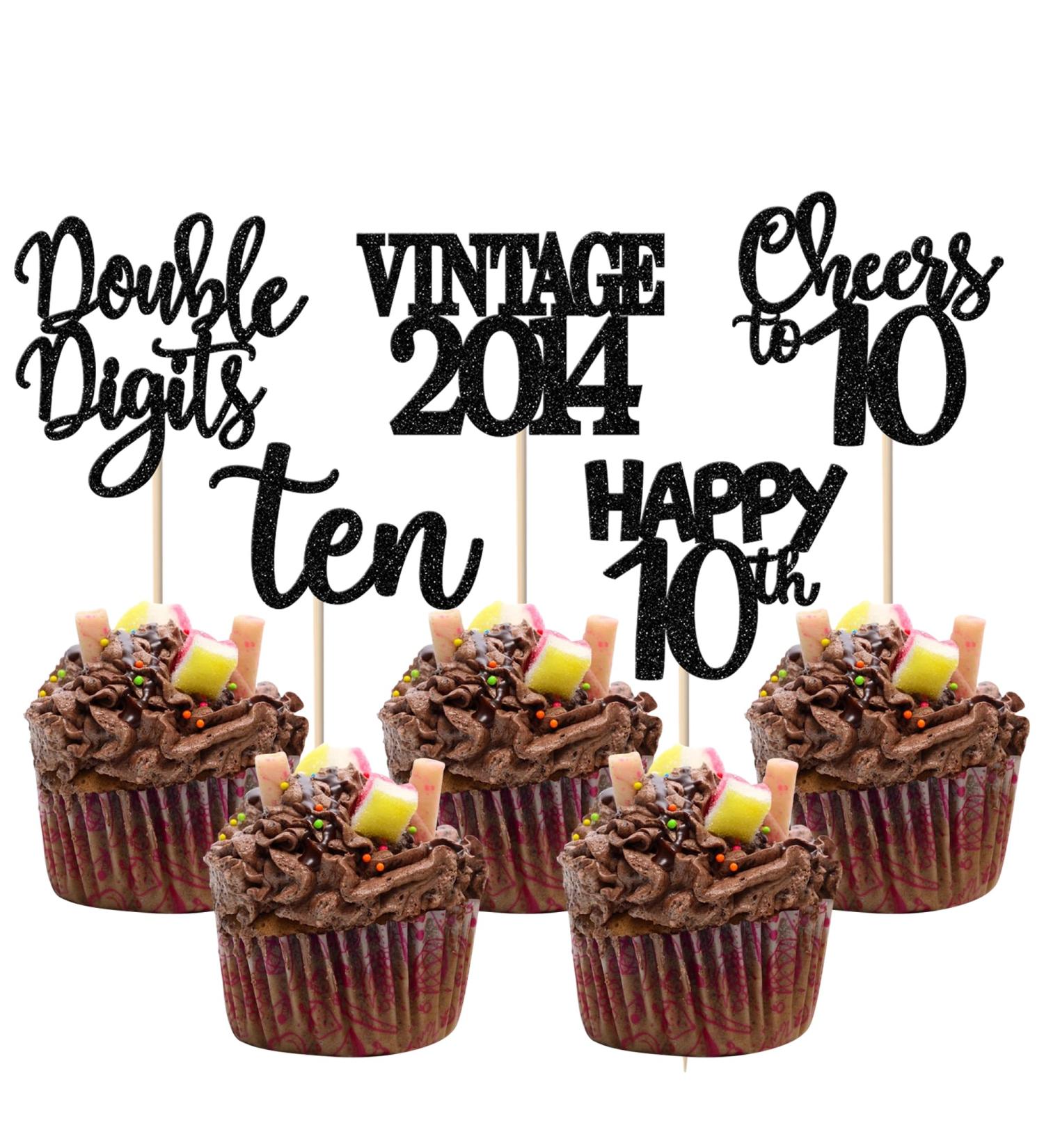 30 Pack 10th Birthday Cupcake Toppers Glitter Happy 10th Ten Awesome Since 2014 Cupcake Picks 10 Fabulous Cake Decorations for Vintage 2014 10th Birthday Wedding Anniversary Party Supplies Black 10th Black
