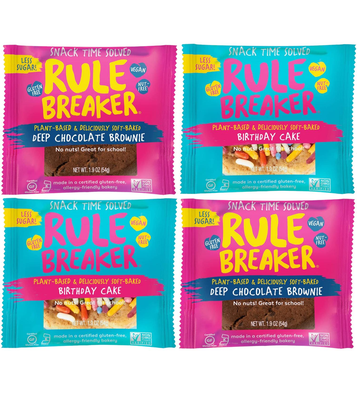 Rule Breaker Snacks Vegan Gluten Free Variety Pack Blondie Brownie Cookies | Plant-Based Dairy Nut Soy Allergen Free Kosher | Soft-Baked Lunchbox Snacks for Kids & Adults | Birthday Cake Blondie & Chocolate Chip Brownie - Pack of 4 - 1.9 oz - Buy Online on GoSupps.com