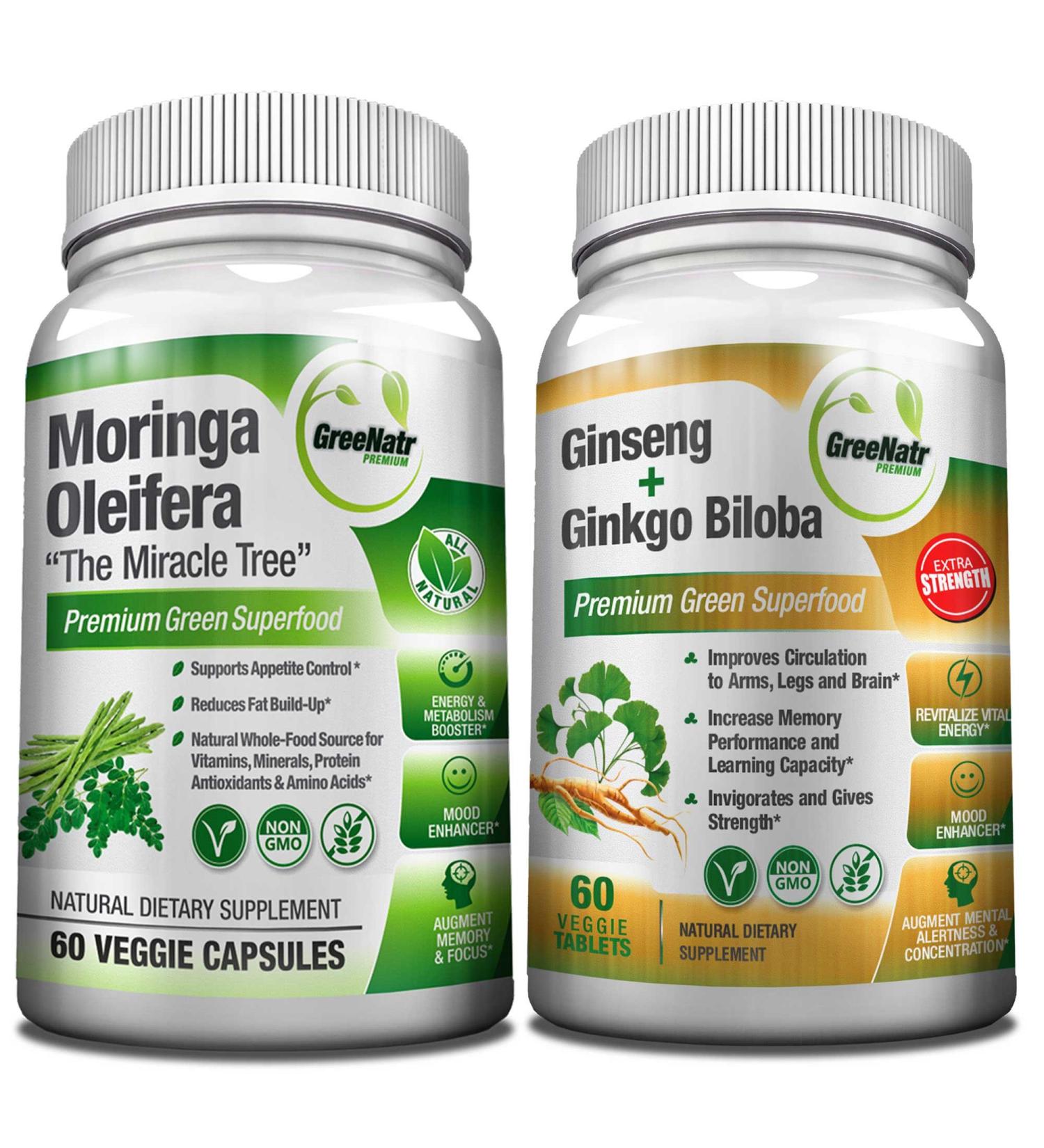 Focus + Energy Bundle | Panax Ginseng & Ginkgo Biloba Tablets + Moringa Oleifera Capsules - Non-GMO Superfood for Energy and Brain Function - Buy Online on GoSupps.com