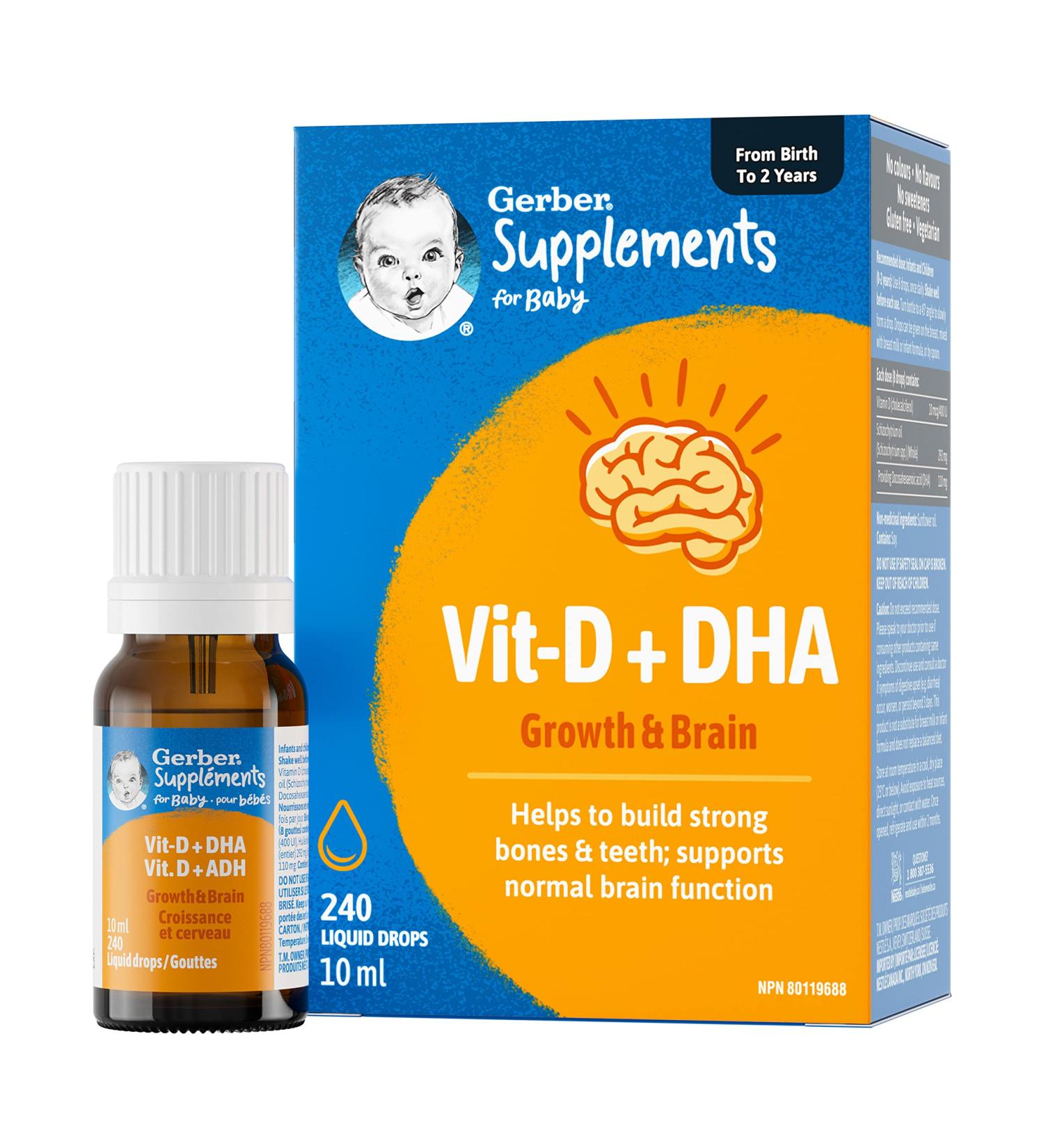 Gerber Supplements for Baby Vitamin D and DHA Drops 0-2 Years Supports Strong Bones Teeth & Normal Brain Function No Colours No Flavours No Sweeteners Gluten-Free Vegetarian - Buy Online on GoSupps.com