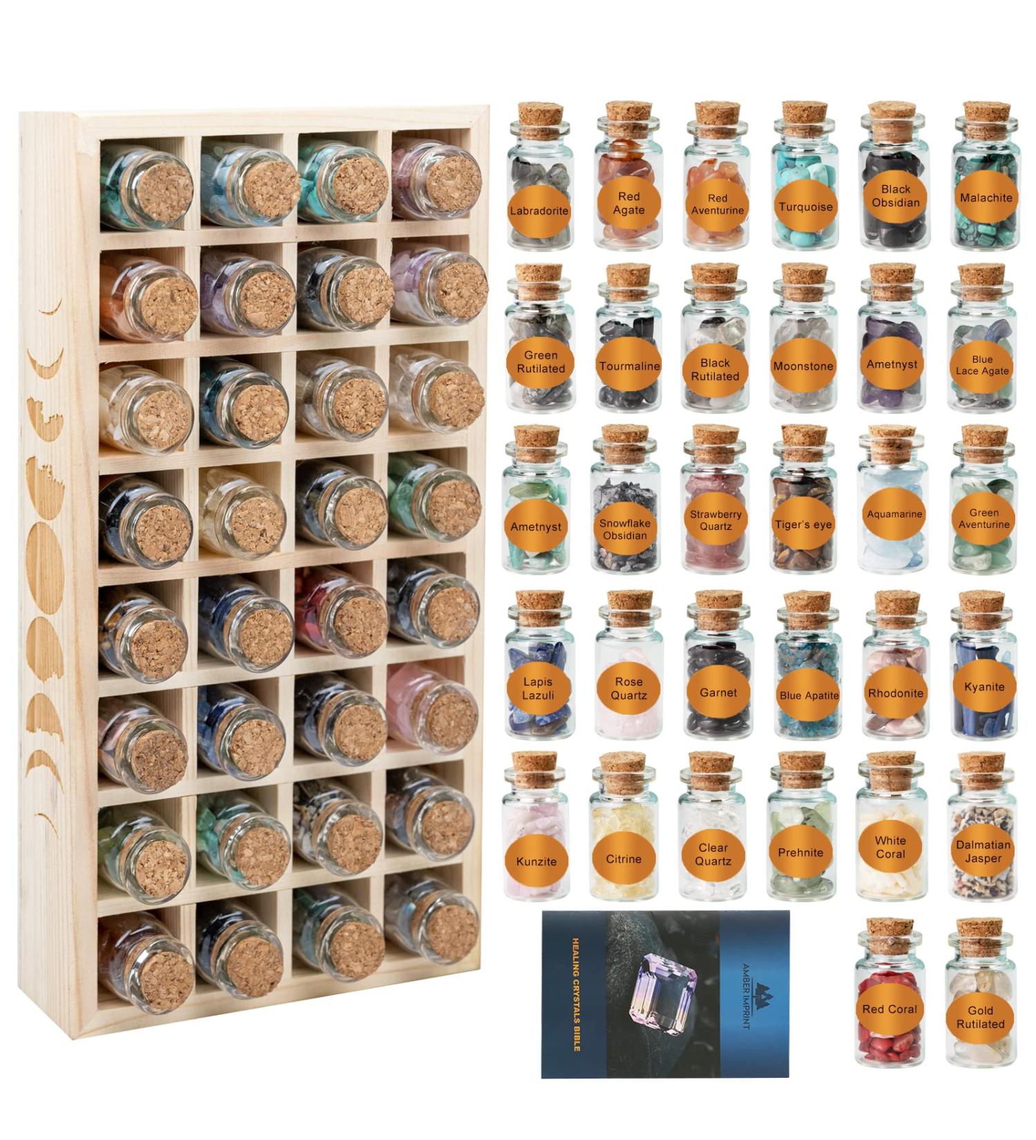 32-Piece AMBER IMPRINT Witchcraft Crystals Set with Wooden Tray - Chakra Healing Crystals in Gift Package - Witchcraft Supplies for Beginners - Buy Online on GoSupps.com