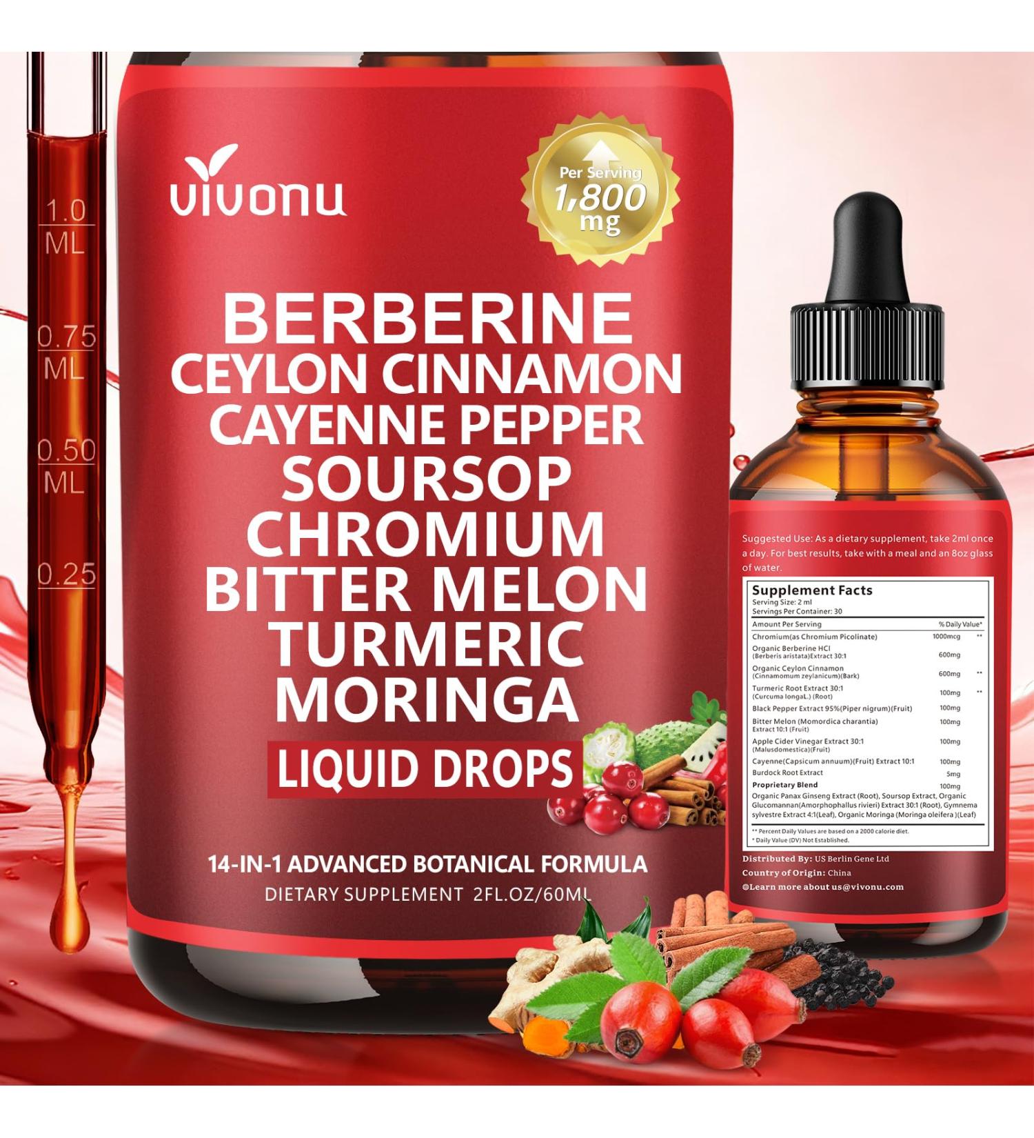 VivoNu Gouttes de berb rine - 1800 mg - 60 ml - Avec chrome et cannelle de Ceylan - 100 % naturel - Haute biodisponibilit - V g talien et sans OGM - Buy Online on GoSupps.com