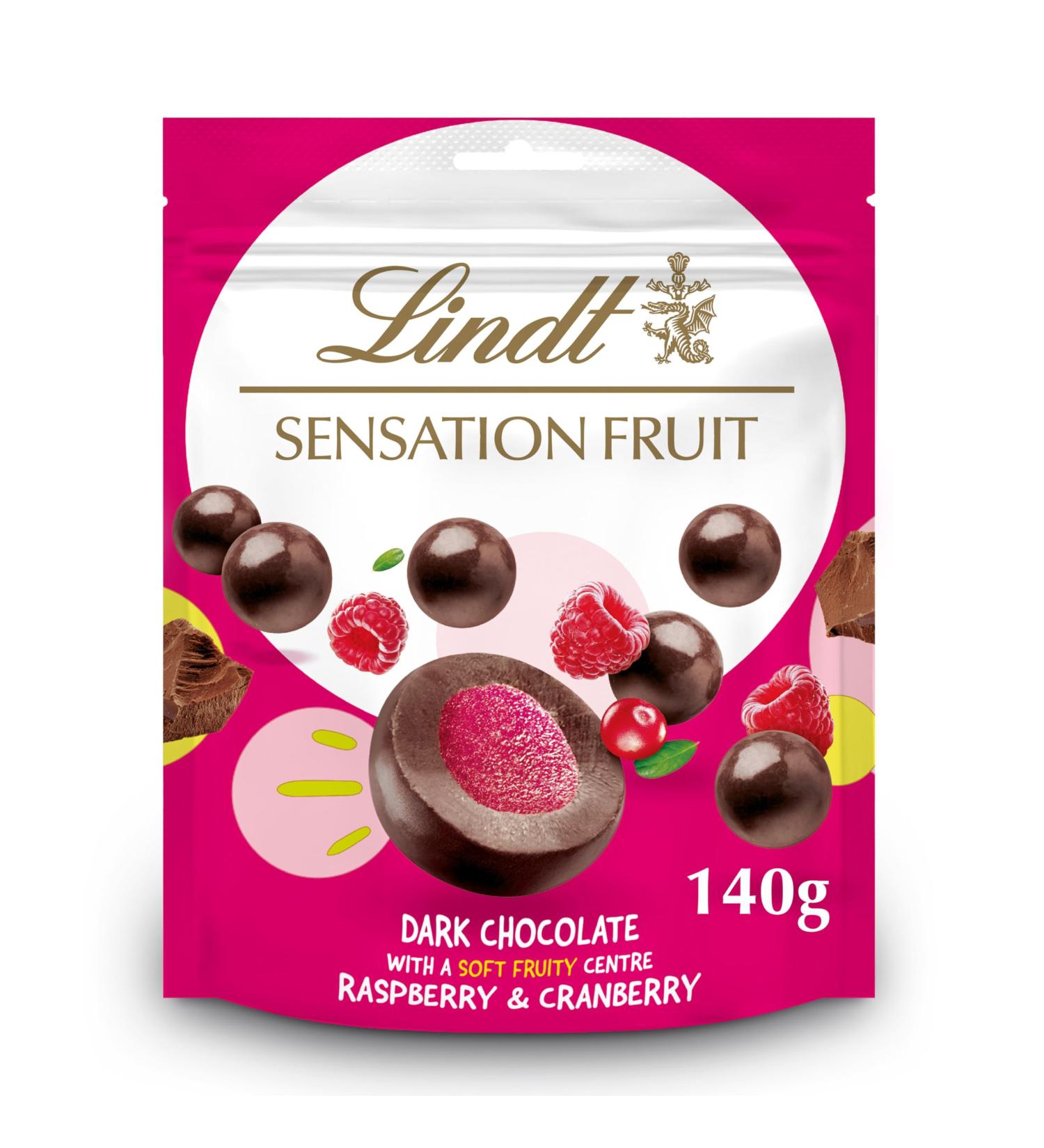 Lindt FRUIT SENSATION Chocolat noir sensation framboise et canneberge pochette 150 g - Buy Online on GoSupps.com