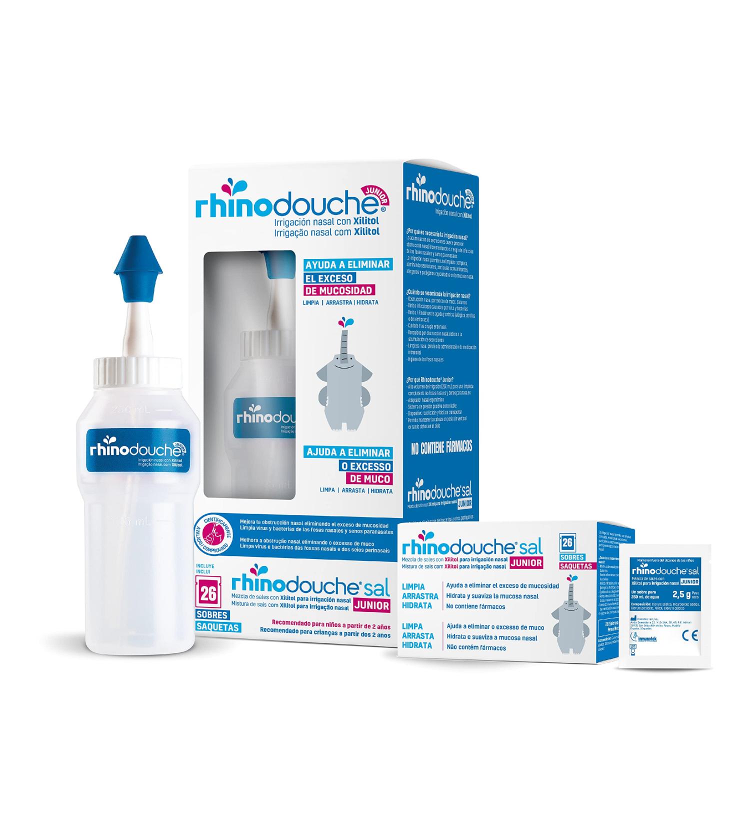 RHINODOUCHE Urgo Junior Nasal Wash Starter Pack contains 250 ml of nasal floss + 26 sachets of 2.5 g containing a mela - Buy Online on GoSupps.com