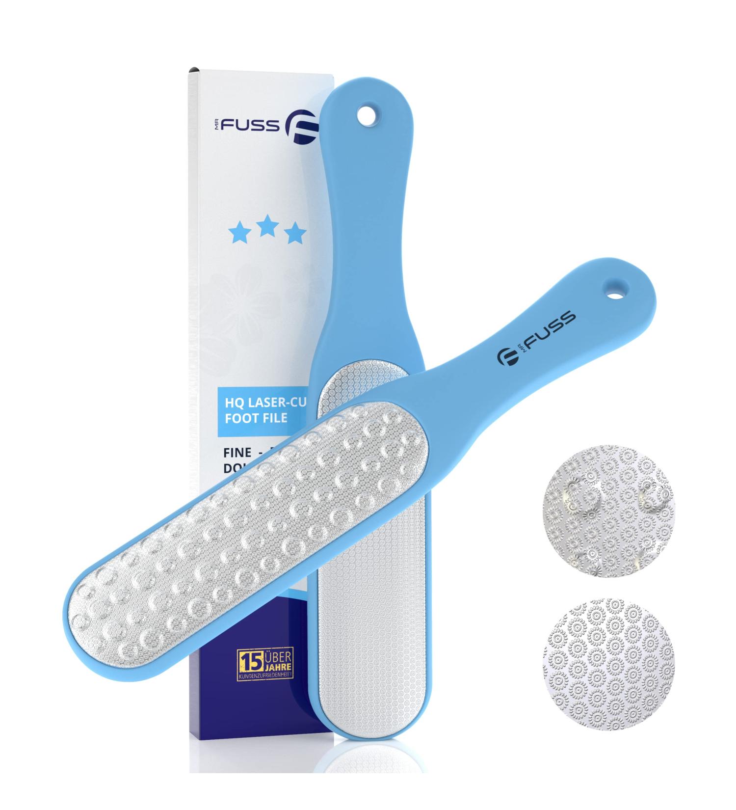 Mr. Fuss Laser Hornhaut Trash - Double-Sided Corneal File for Safe & Effective Corn Removal - Non-Slip Plastic & Stainless Steel in Blue - Buy Online on GoSupps.com
