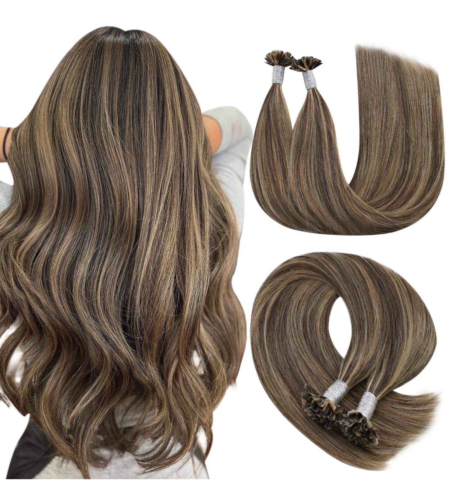Youngsee Bonding Extensions - Real Hair U Tip Extensions 35cm Dark Brown with Blonde Keratin Bondings | 50g #P4/27 - Ideal for Seamless Volume & Length - Buy Online on GoSupps.com