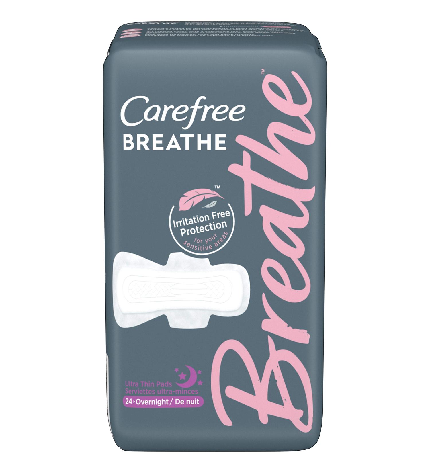 Carefree Breathe Ultra Thin Overnight Pads with Wings - White - Unscented - 24 Count - Buy Online on GoSupps.com