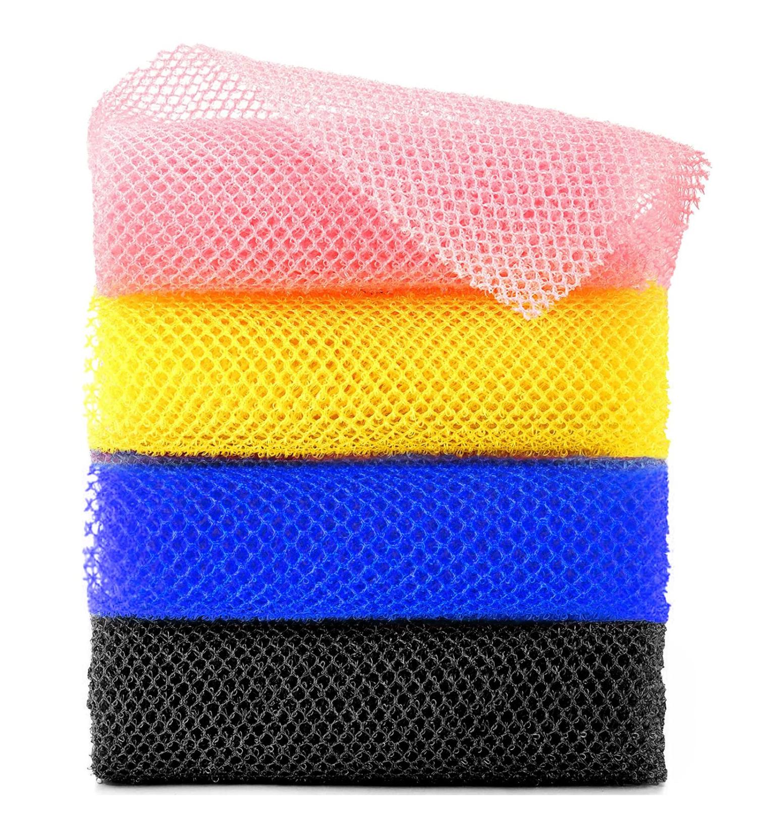 AmazerBath African Exfoliating Net Sponge 4-Piece Set - Gentle Body Scrubber with Rich Lather | 4 Colors (Pink, Yellow, Dark Blue, Black) - Buy Online on GoSupps.com
