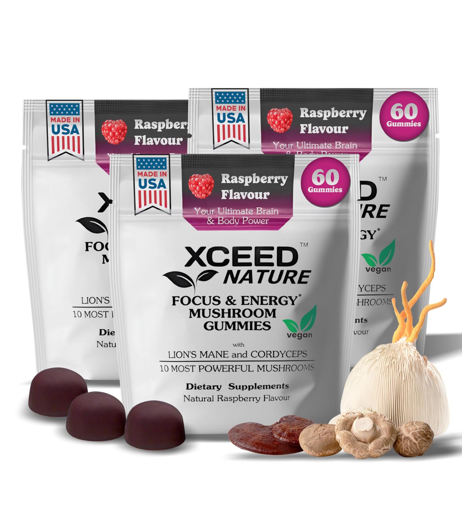 XCEED NATURE 3-Pack Lions Mane & Cordyceps Mushroom Gummies - 10in1 Supplement - for Focus Energy Mood Memory & Clarity - 60 Pcs
