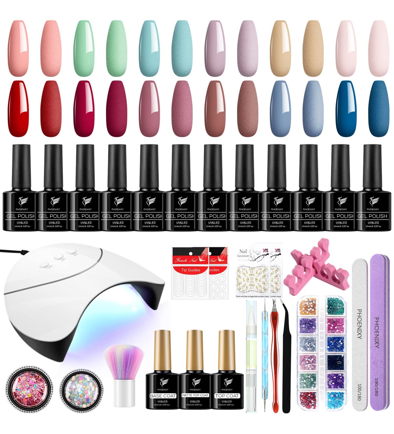 Pheonixy Gel Nail Polish Kit with UV LED Lamp - 12pcs Set All Seasons Glossy Matte Top Coat Base Coat Gel Starter Kit - Blueberry Blush - Buy Online on GoSupps.com