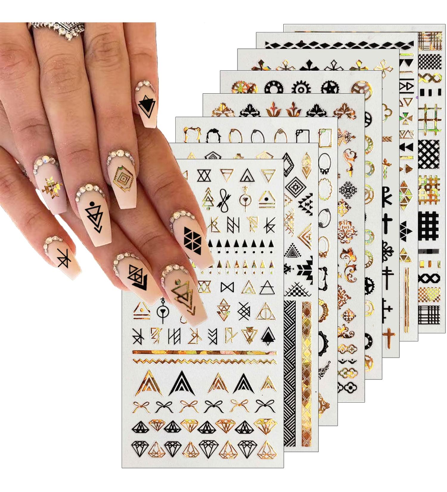 Geometric Nail Art Stickers - Black Gold Triangular Rhombus Design - DIY Manicure Decals for Women - 8 Sheets - Buy Online on GoSupps.com