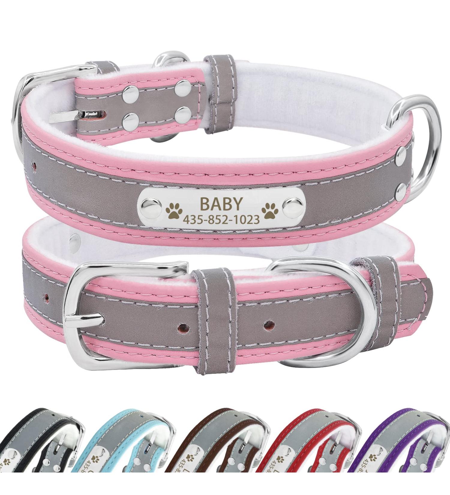 Senristar Personalized Reflective Leather Dog Collar - Engraved Name Tape for Small Medium Large Dogs & Cats (XL 3.0 cm Width 45-55 cm Neck Pink) - Buy Online on GoSupps.com