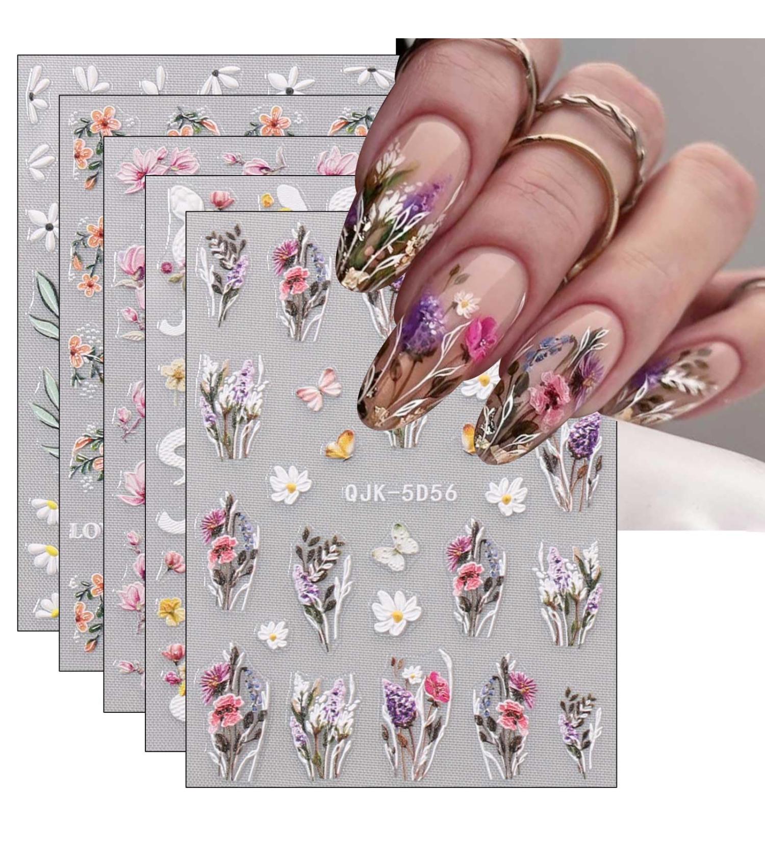 JMEOWIO 6 Sheets 3D Flower Nail Art Stickers | Self-Adhesive Colorful Floral Decals for Summer Nail Design - Buy Online on GoSupps.com