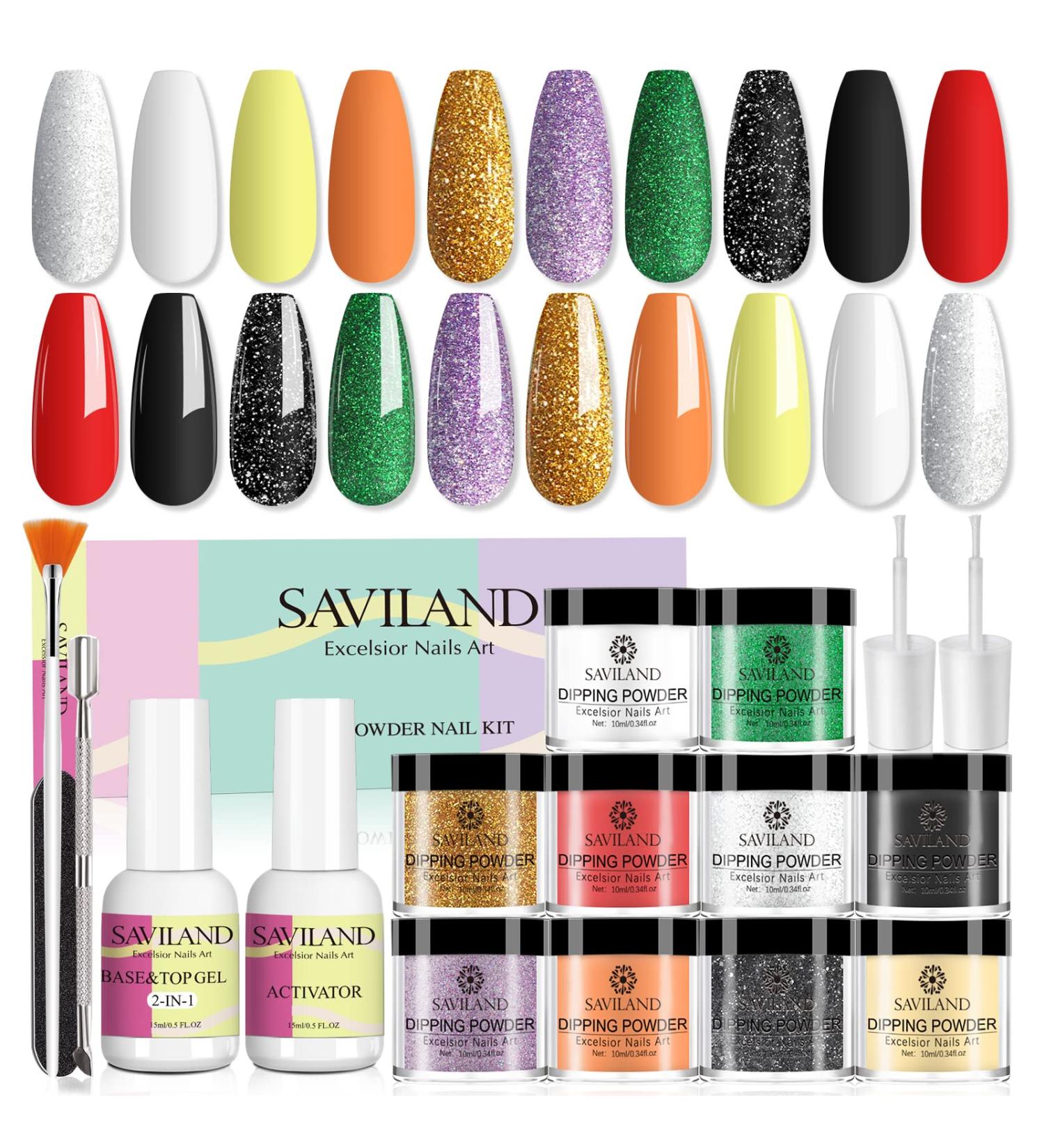 Saviland Dip Powder Nail Kit - 10 Christmas Colors Set | Glitter Gold Red Black White French Manicure | Base Top Coat Activator Brush | No Nail Lamp Needed | Nail Art Gift - Buy Online on GoSupps.com