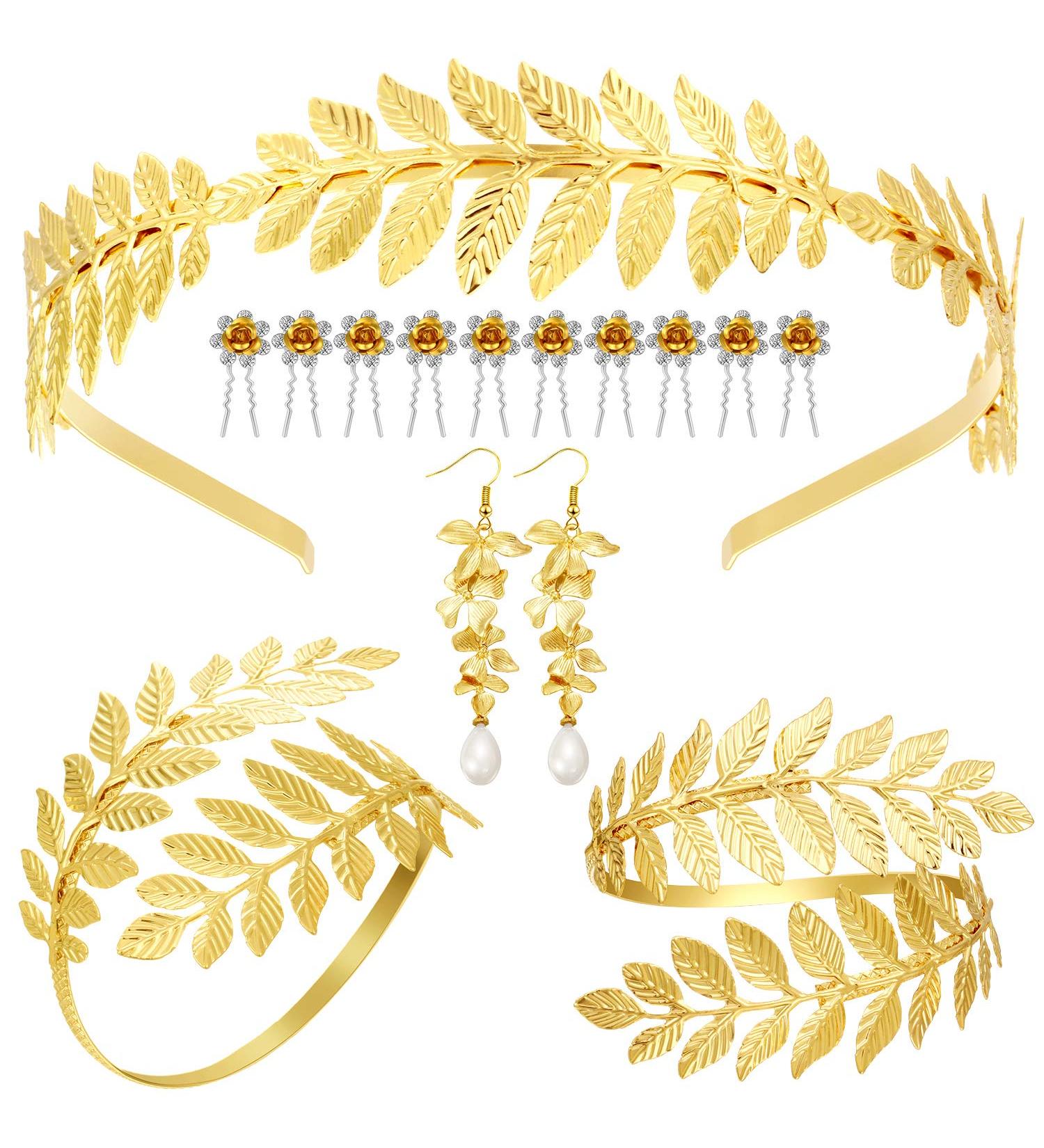 15-Piece Greek Goddess Costume Set: Golden Leaves Bridal Crown, Pearl Earrings, Hair Pins - Classic Style - Buy Online on GoSupps.com