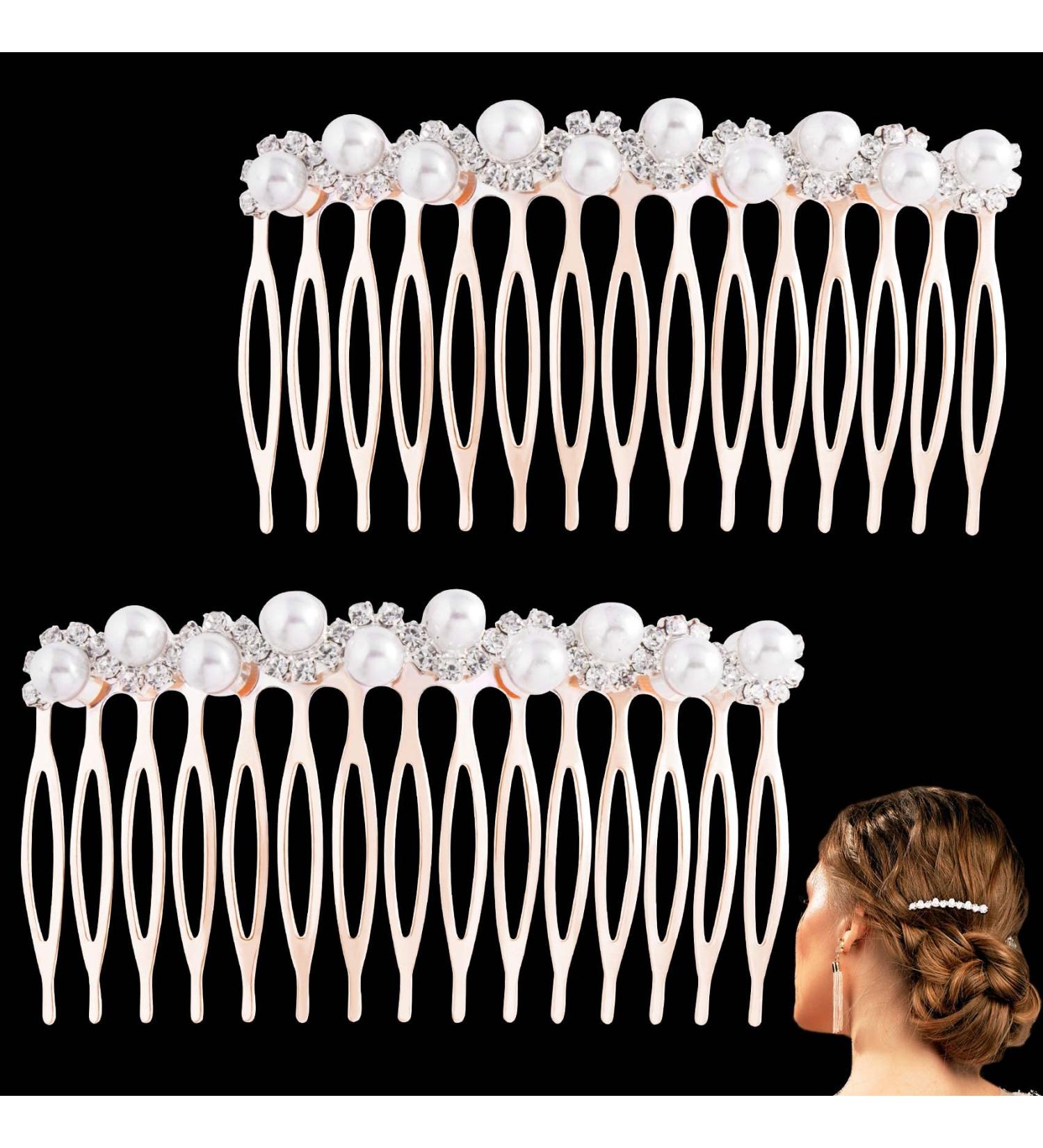 PAGOW Pearl Bridal Hair Side Comb Set - Rhinestone Wedding Hair Pieces - Crystal Accessories for Women - 2 Pack (Rose Gold, 3.14 x 1.77 inch) - Buy Online on GoSupps.com