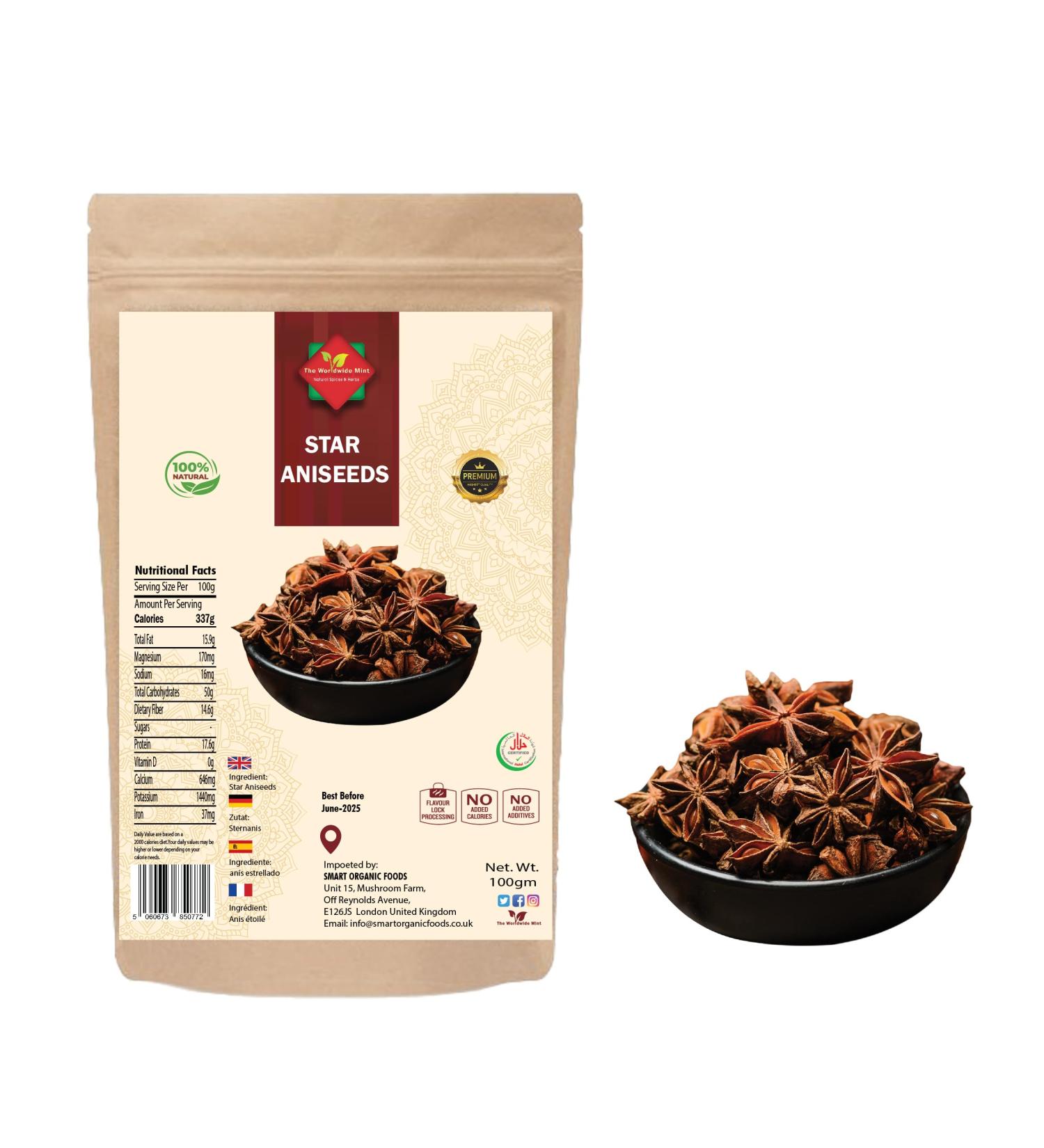 Premium Quality Star Anise Seeds - 100g | Natural, Vegan, Non GMO | No Additives or Preservatives - Buy Online on GoSupps.com