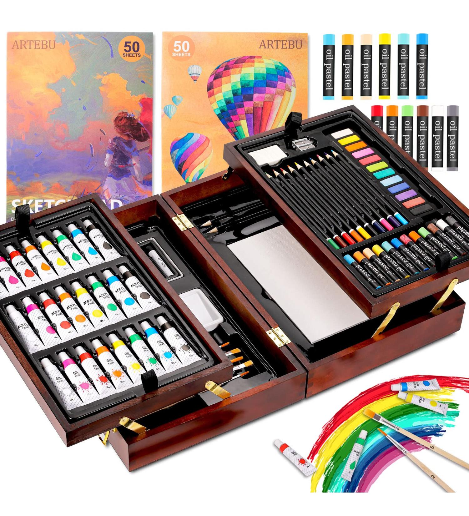 85 Piece Wooden Art Set - Painting Supplies with Watercolor, Oil Pastels, Colored Pencils - Portable Gift for Kids, Beginners, and Artists - Brown - Buy Online on GoSupps.com