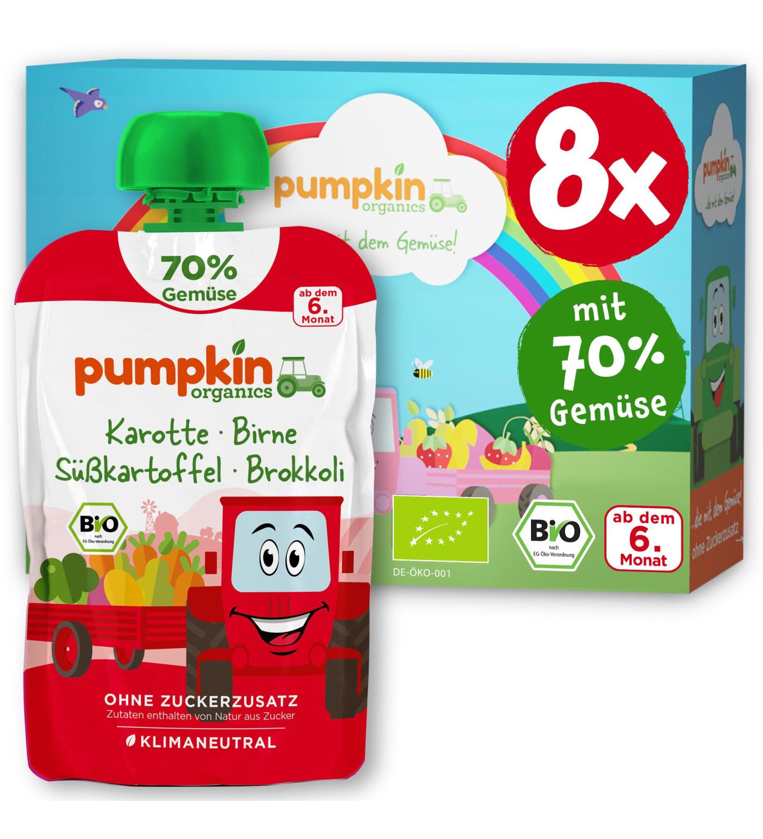 Buy Pumpkin Organics Bio Vegetables Quetschies 8 Pack - Carrot Pear Sweet Potato Broccoli - Sugar-Free Gluten-Free Baby Food for 6 Months+ - 8x100g - Buy Online on GoSupps.com