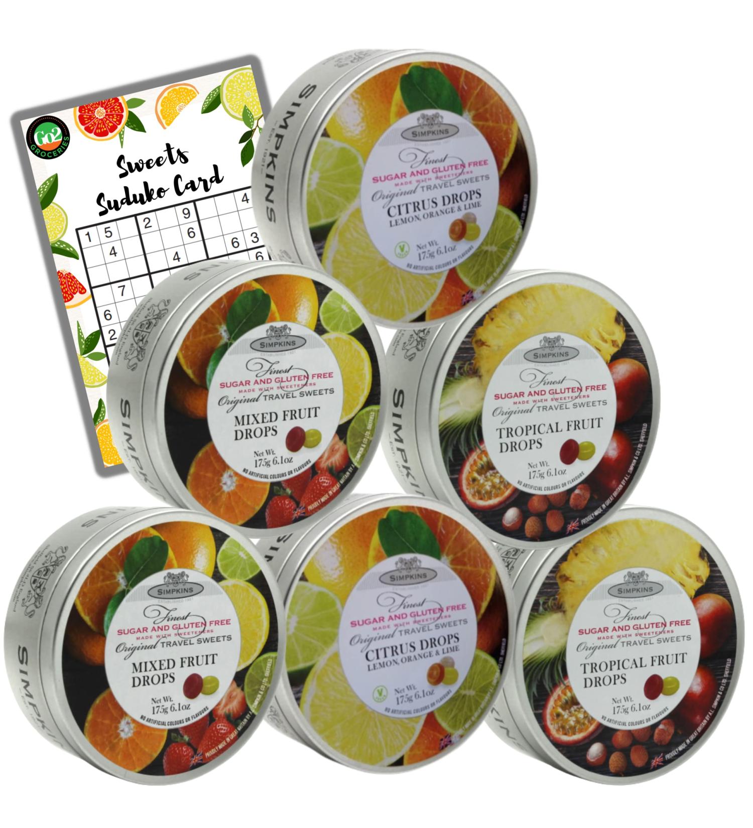 Go2 Groceries bundle Simpkins Flavoured Sugar Free Travel Sweets 2 Mixed 2 Tropical & 2 Citrus Fruits (6x175g each) with 1 Game Card - Buy Online on GoSupps.com