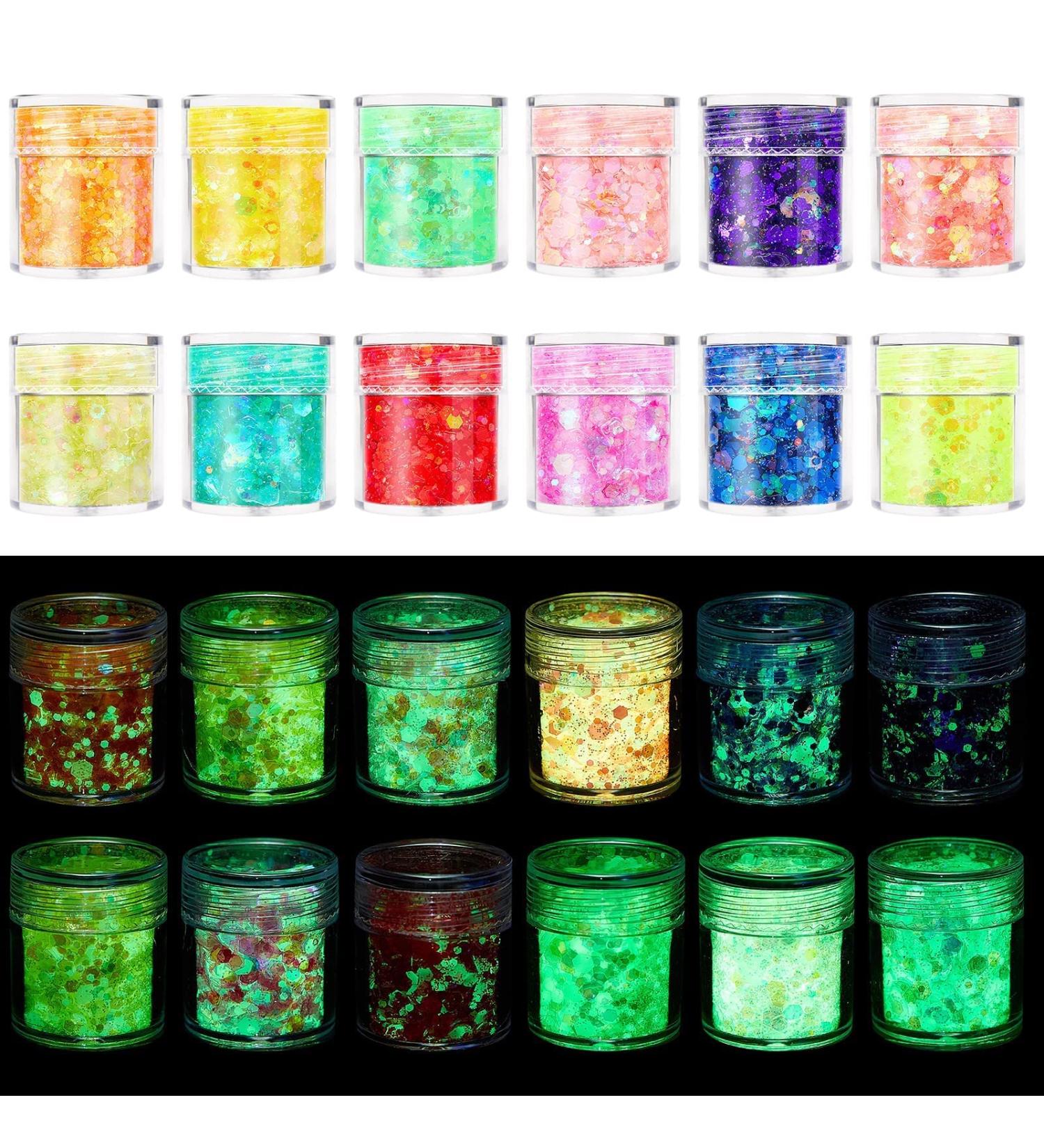 AOOWU Chunky Glitter 12 Colors Luminous Festival Cosmetic Glitter Kit for Nail, Face, Body, and DIY Art - Holographic Glitter Powder with Gel for Eye, Hair (C) - Buy Online on GoSupps.com