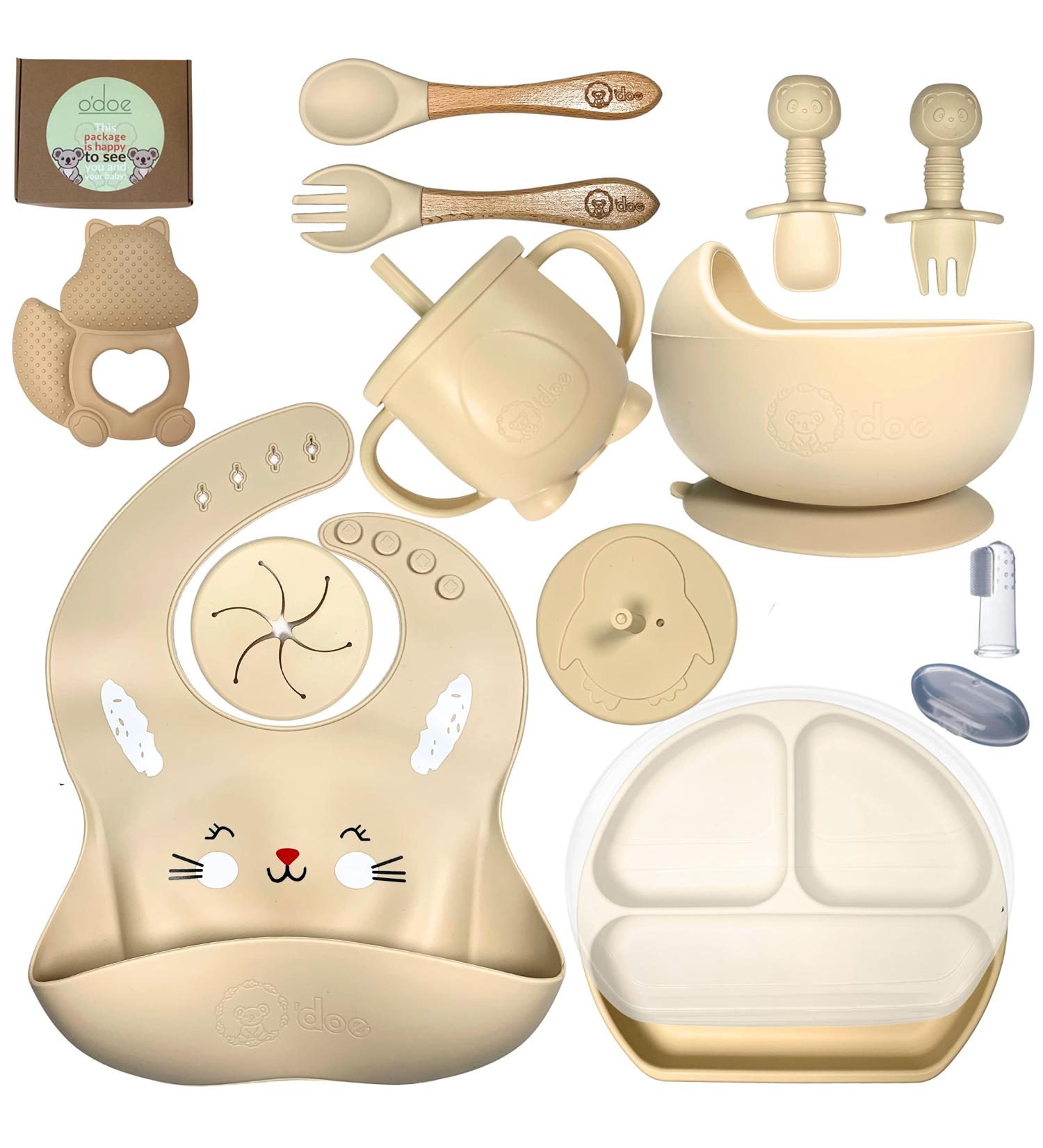 Baby Led Weaning Feeding Set | Suction Silicone Bowl & Utensils for Toddlers - Includes Spoons, Bibs, Food Plate - Beige - Buy Online on GoSupps.com