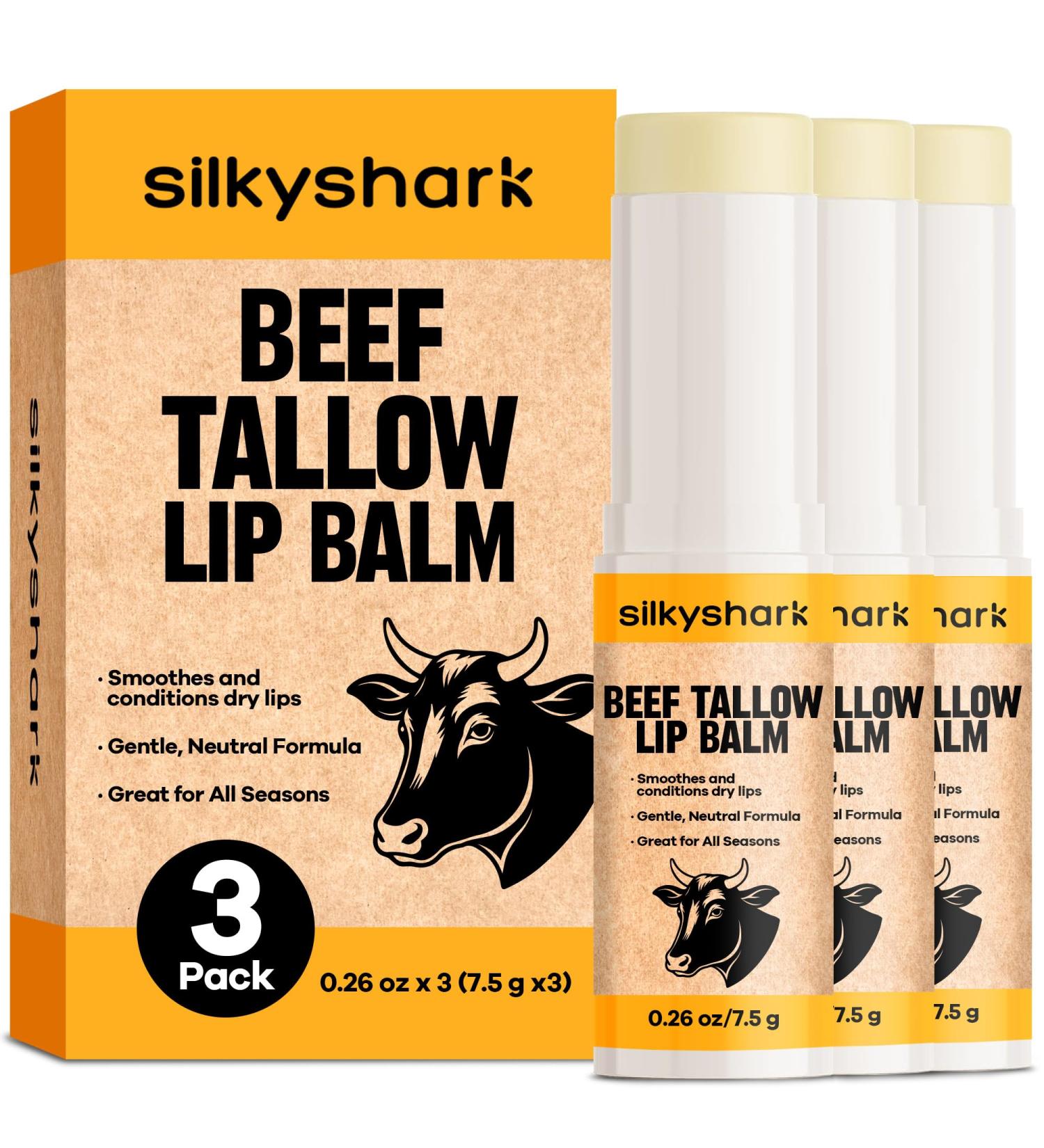 SilkyShark Beef Tallow Lip Balm (3 Pack) Beef Tallow Moisturizer Tallow Lip Balm Organic Natural Moisturizing Lip Care with Beeswax & Skin-loving Wax Unscented Lipsticks for Dry Chapped Lips - Buy Online on GoSupps.com