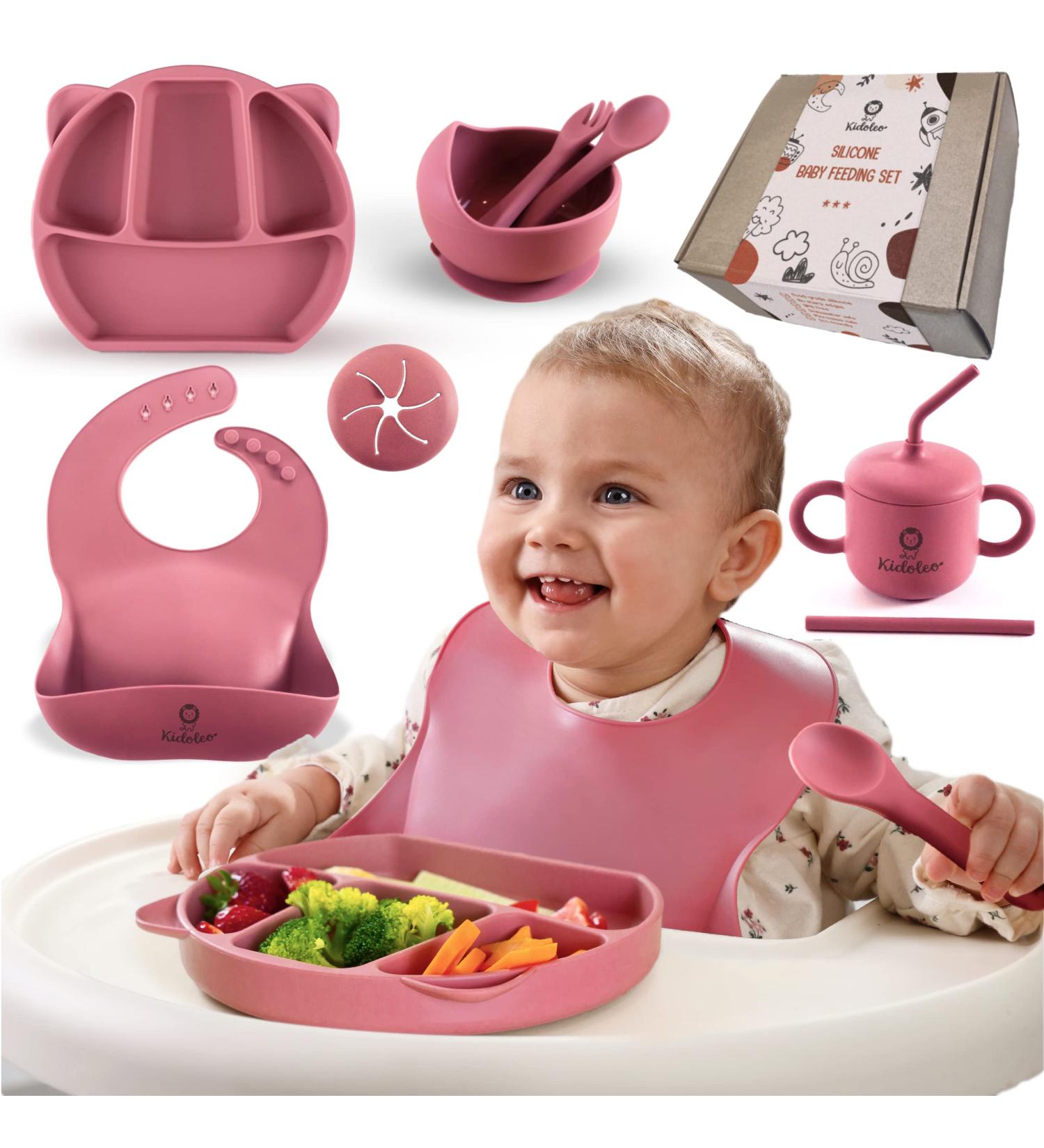 KIDOLEO Silicone Baby Weaning Set - Suction Plate, Bowl, Sippy Cup, Bib, Fork & Spoon - 7 Piece Toddler Feeding Set (Pink) - Buy Online on GoSupps.com