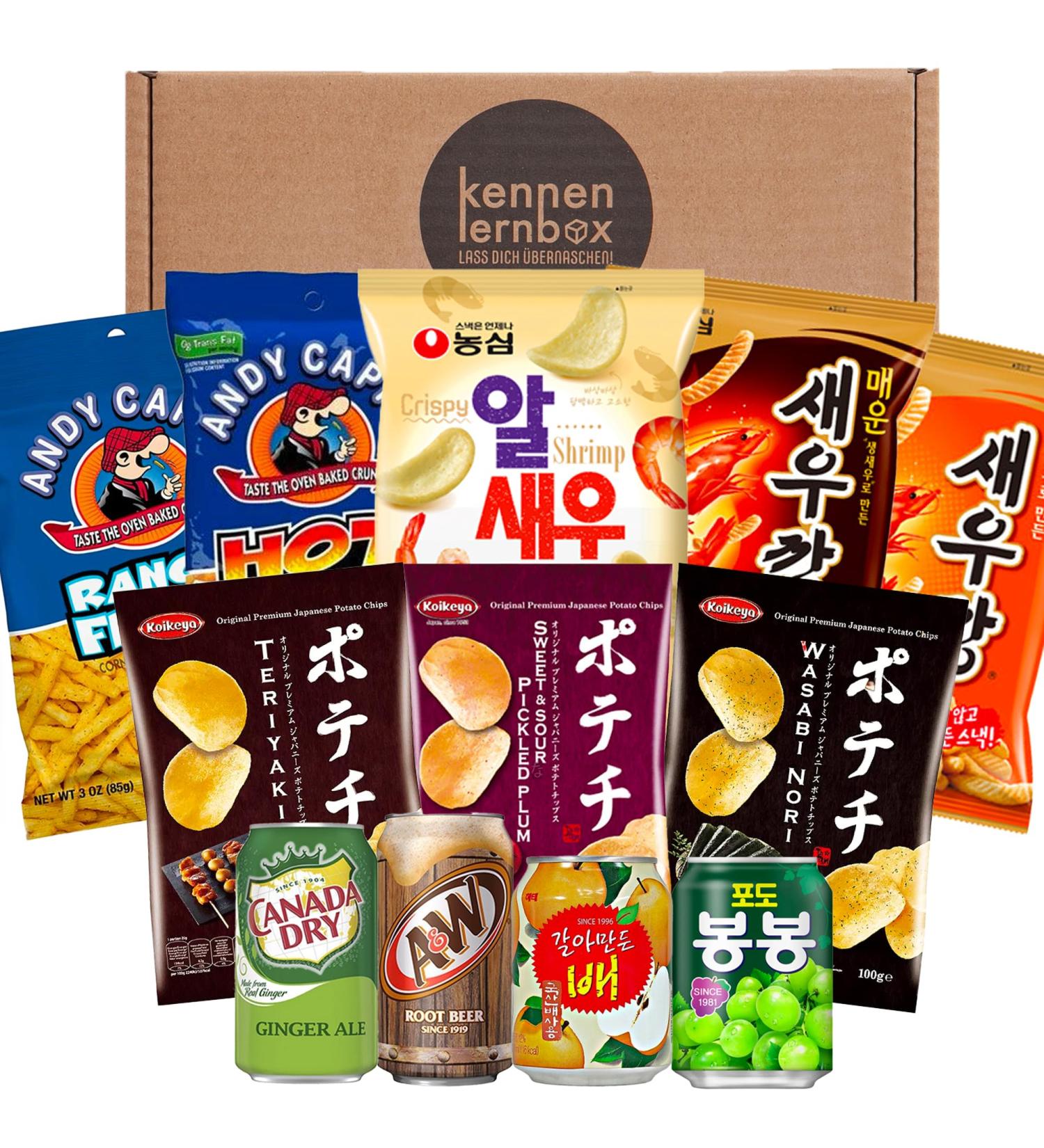 Snack Party Box: Discover 12 Popular Chips & Drinks from USA Korea Japan | Perfect for Film Nights & Unique Gift Ideas - Buy Online on GoSupps.com