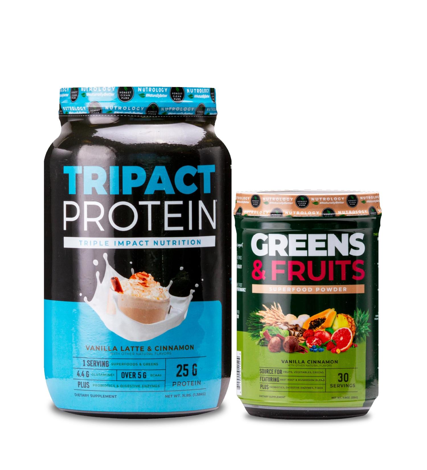 Nutrology TRIPACT Protein Powder 7-in-1 Meal Replacement Shake Vanilla Latte Cinnamon (40 Servings) & Greens & Fruits Powder-Naturally Sourced Superfood Vanilla Cinnamon (30 Servings) - Buy Online on GoSupps.com