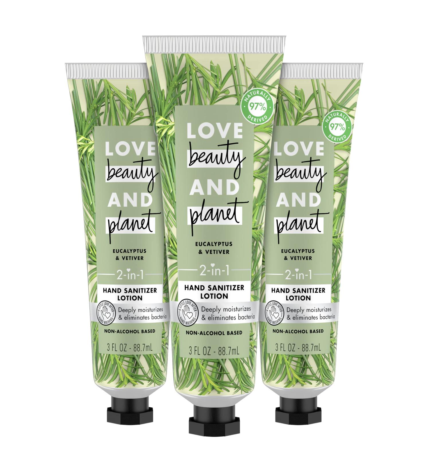 Love Beauty And Planet Eucalyptus & Vetiver Hand Sanitizer Lotion 2-in-1 Moisturizer 3 Oz 3 Count | Vegan, Non-Alcohol, Dye & Paraben Free - Buy Online on GoSupps.com