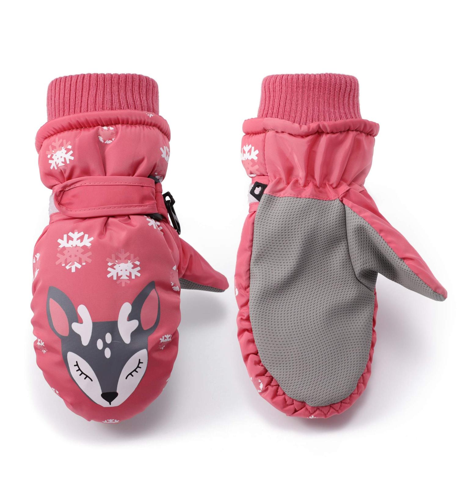 Flammi Kids Winter Ski Mittens for Girls | Warm & Water-Resistant Snow Gloves | Reindeer Design | Dark Pink | Ages 2-8 - Buy Online on GoSupps.com