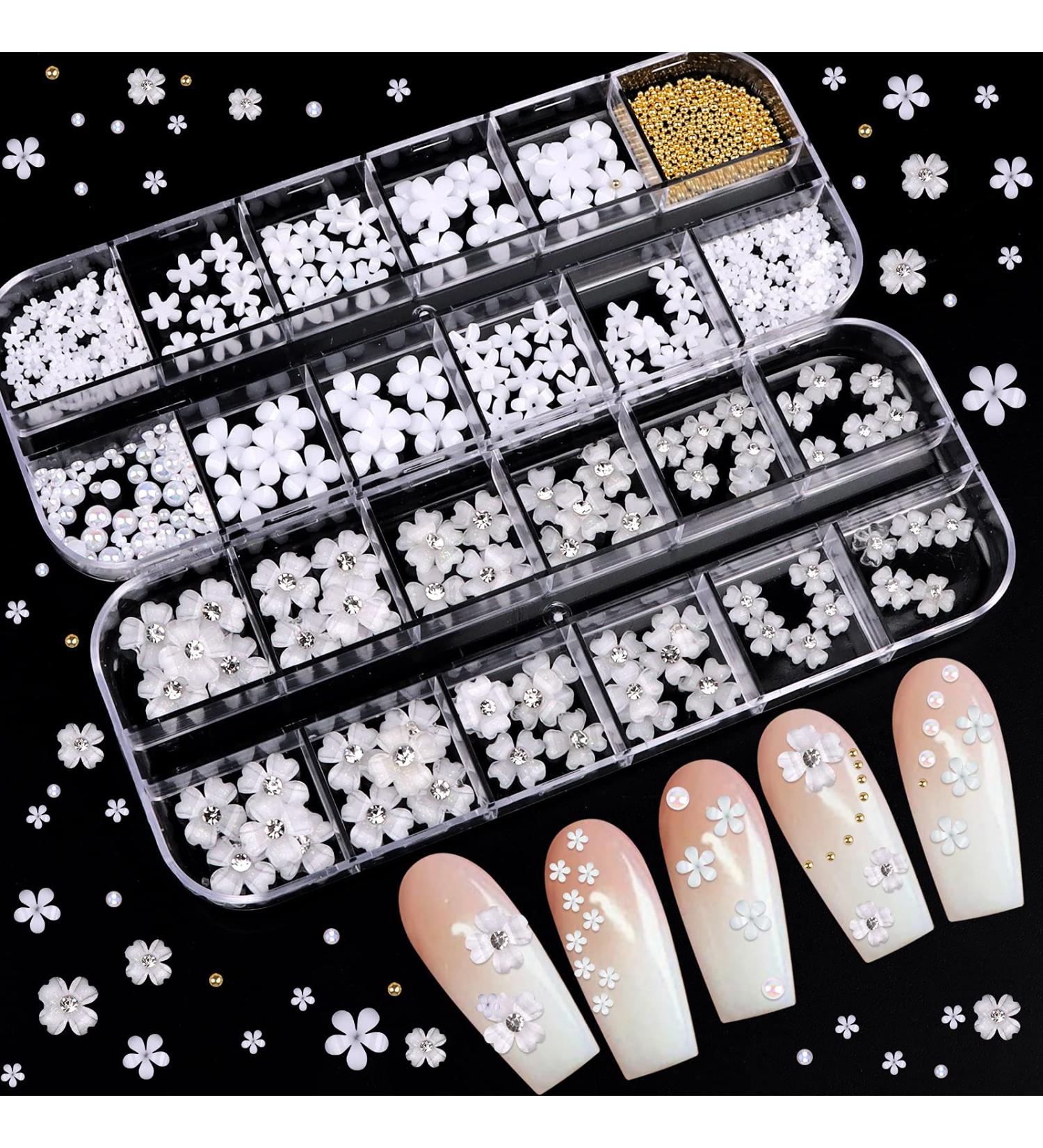 3D White Flower Nail Charms - Lorvain 24 Grid Nail Art Decoration with Golden Beads for DIY Manicures & Jewelry | International Shipping Available - Buy Online on GoSupps.com