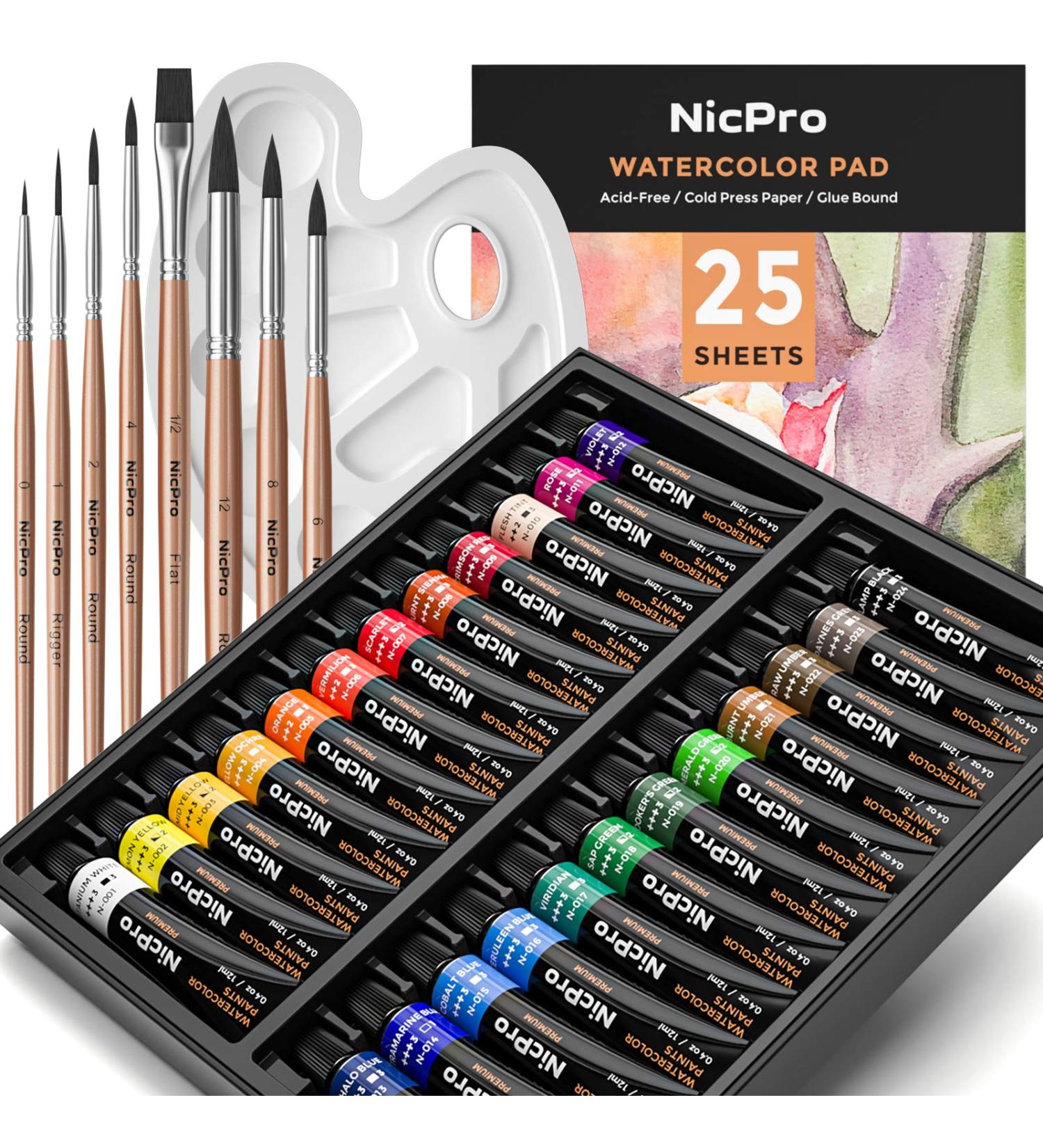 Nicpro Watercolor Paint Kit - 24 Tube Water Color Paints, 8 Brushes, 25 Art Papers, Palette & Color Wheel - Professional Painting Supplies Set for Artists, Students, Kids & Adults - Buy Online on GoSupps.com